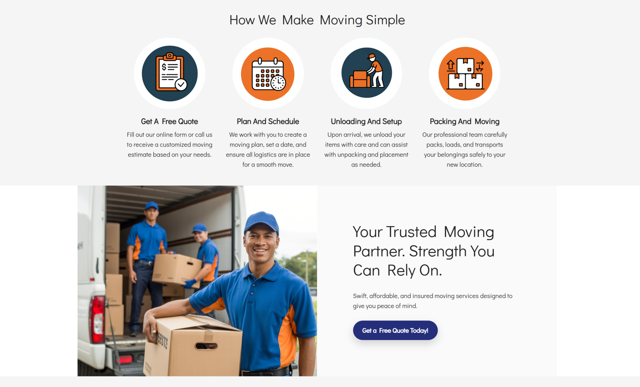 Mighty Movers services section displaying six photo cards labeled Residential, Commercial, Packing, Loading, Unloading, Long-Distance, and Storage, each with a short service description and an image of movers or moving equipment