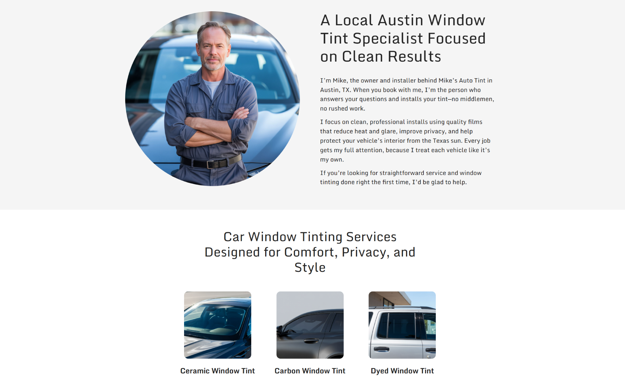 Mike’s Auto Tint “About” section featuring a circular photo of the owner standing with arms crossed in front of a vehicle beside the headline “A Local Austin Window Tint Specialist Focused on Clean Results,” followed by service tiles for ceramic, carbon, and dyed window tint