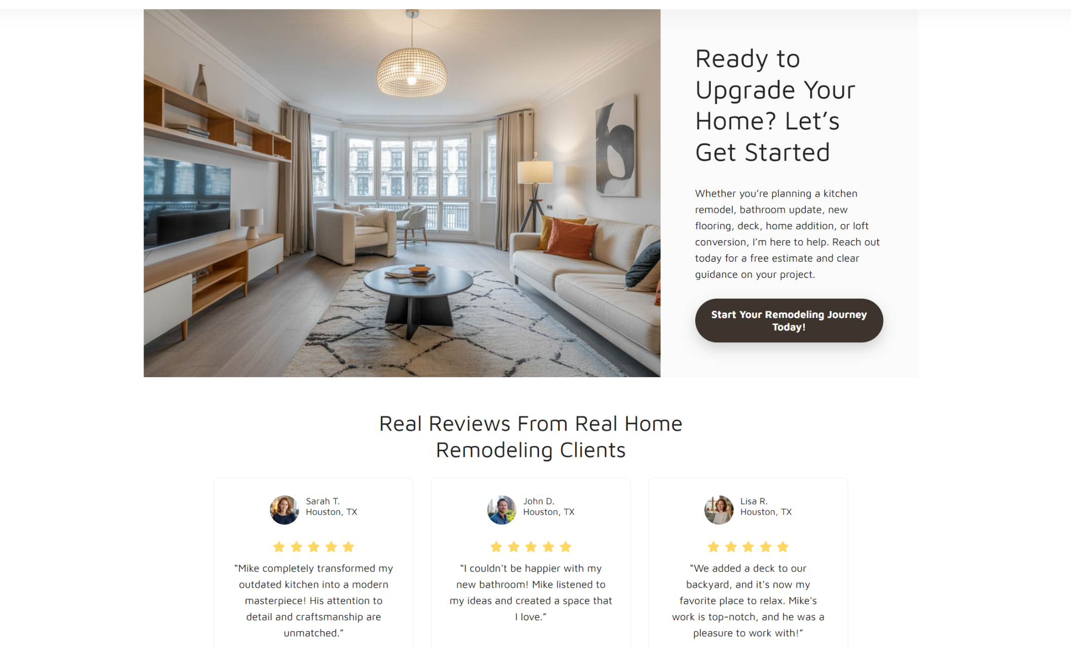 Mike’s Custom Builds testimonial section showing real client reviews with five-star ratings beneath a warm, modern living room scene and a “Ready to Upgrade Your Home? Let’s Get Started” call-to-action button