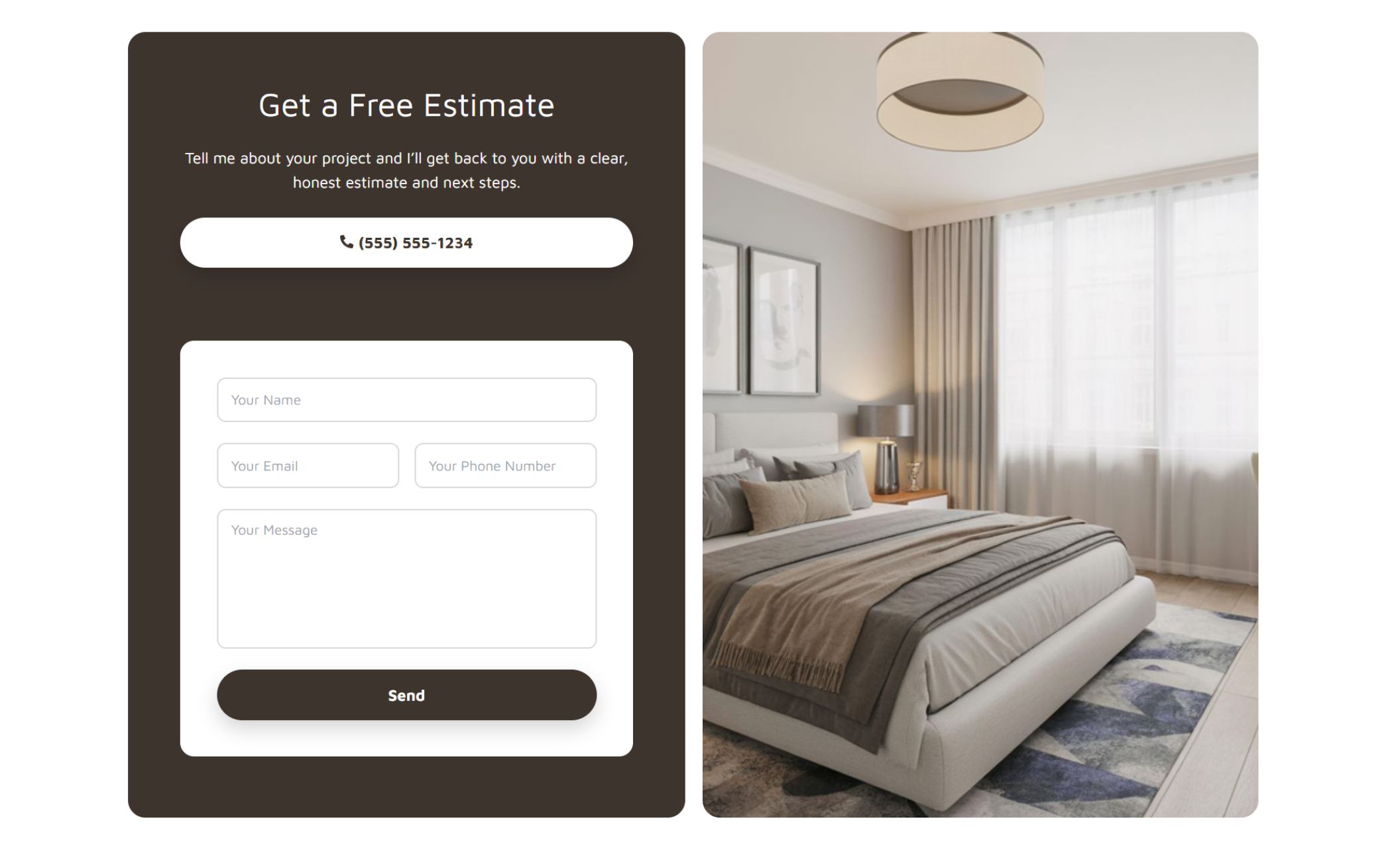 Mike’s Custom Builds contact section featuring a dark-toned “Get a Free Estimate” form with name, email, phone, and message fields beside a softly lit bedroom interior with neutral decor