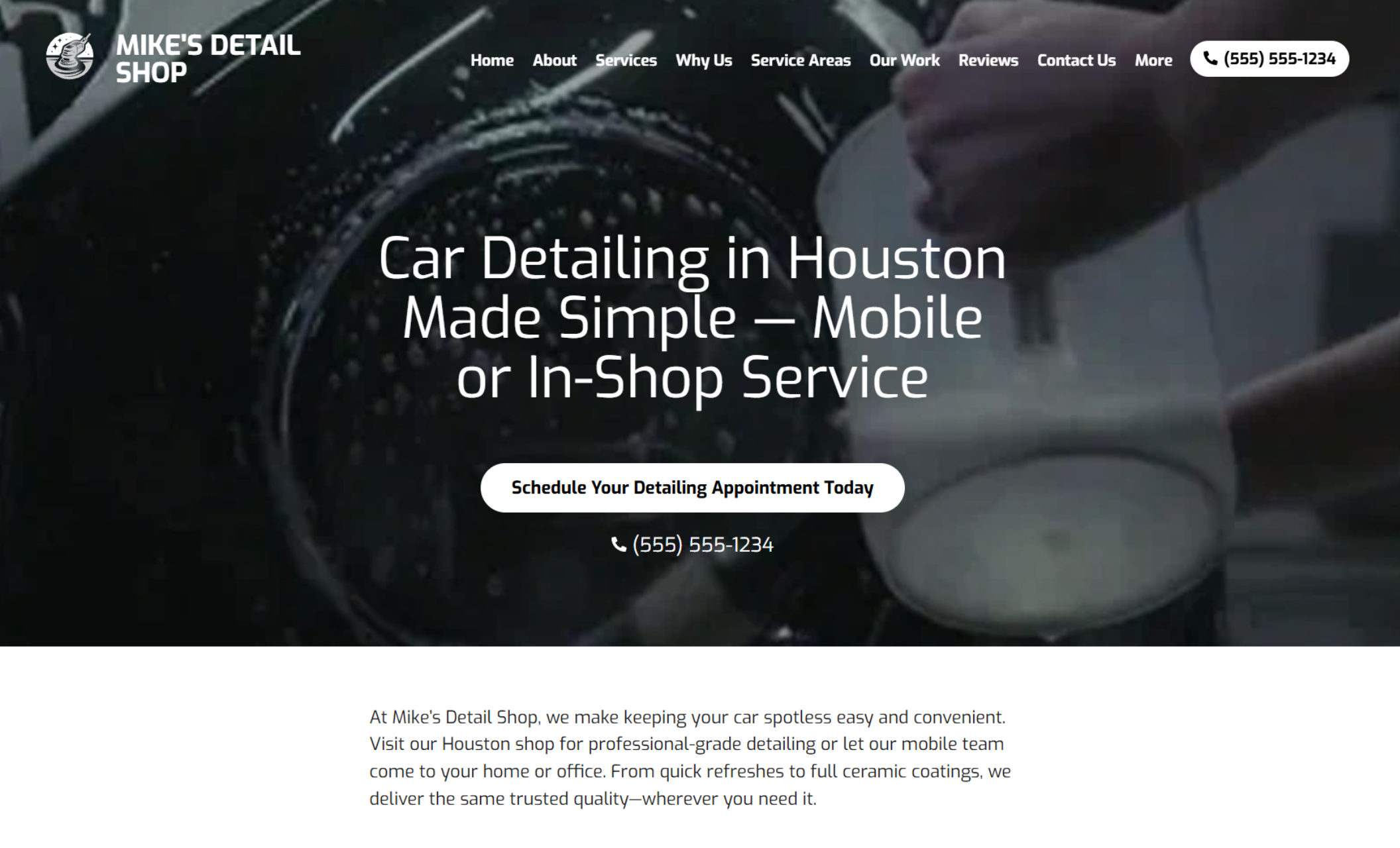 Mike’s Detail Shop homepage hero section showing a close-up of a luxury car being rinsed with soap suds and a hand pouring water, paired with the headline “Car Detailing in Houston Made Simple — Mobile or In-Shop Service” and a booking button