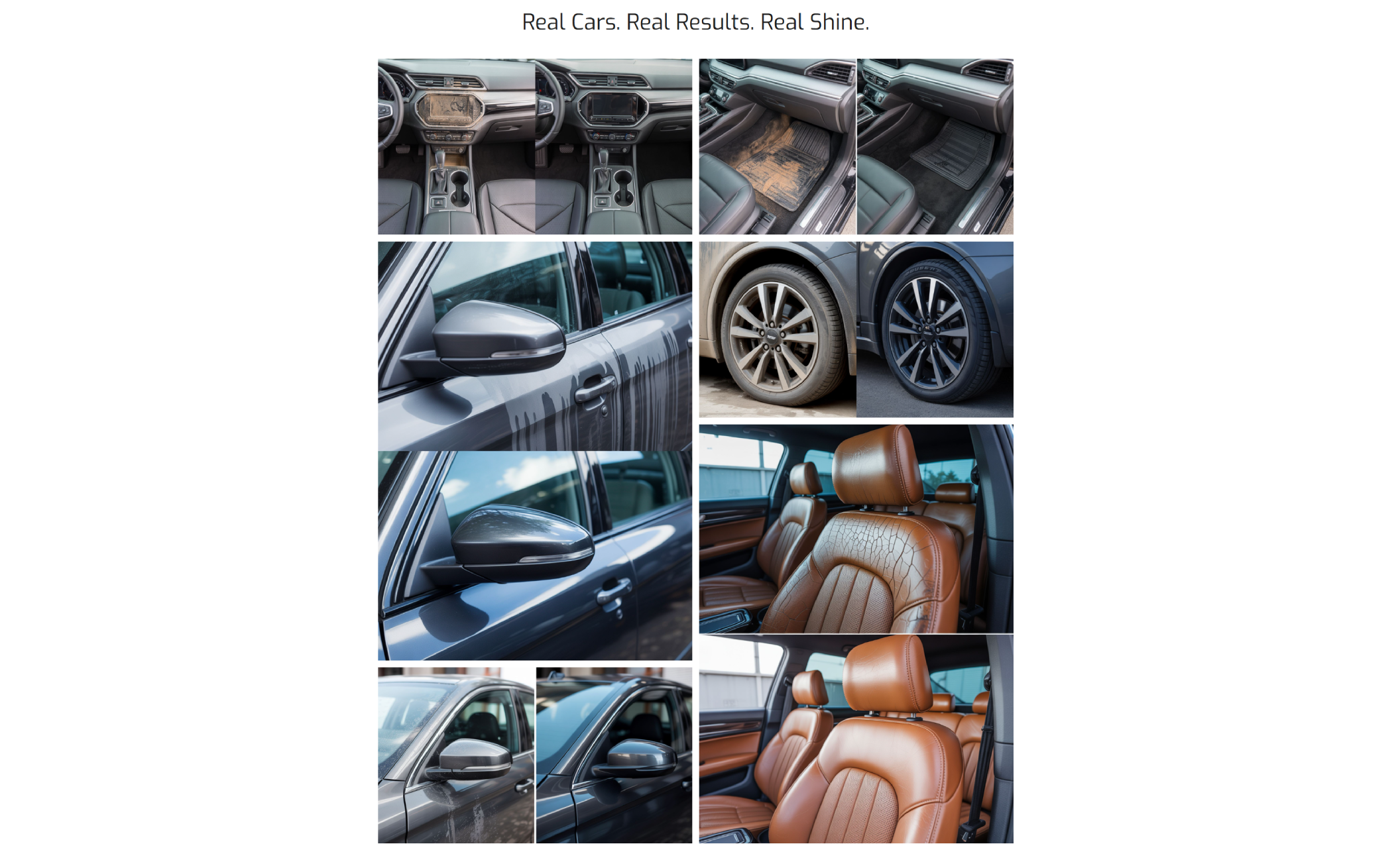 Detailing results gallery section displaying a 3x3 grid of before-and-after photos of car interiors, mirrors, wheels, and leather seats with the tagline “Real Cars. Real Results. Real Shine.”