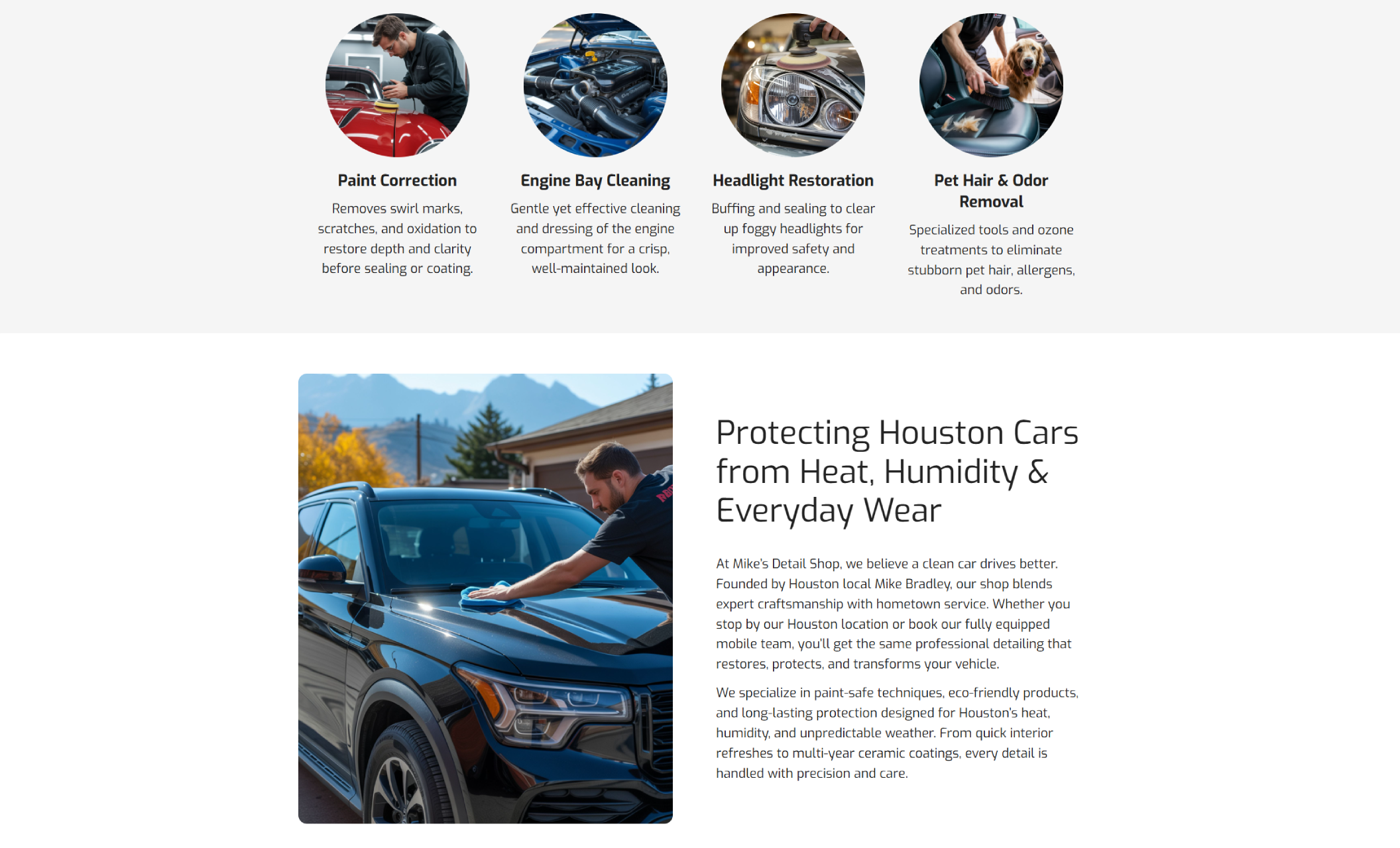 Mike’s Detail Shop services section highlighting four circular icons with images of technicians performing detailing, labeled Paint Correction, Engine Bay Cleaning, Headlight Restoration, and Pet Hair & Odor Removal