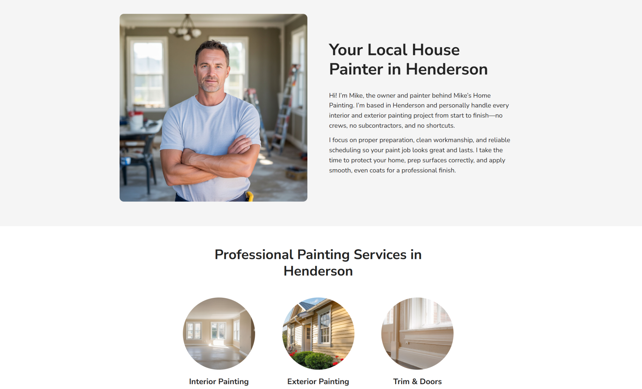 Mike’s Home Painting about section featuring a portrait of the owner with folded arms beside the headline “Your Local House Painter in Henderson,” followed by a services row titled “Professional Painting Services in Henderson” with icons for Interior Painting, Exterior Painting, and Trim & Doors