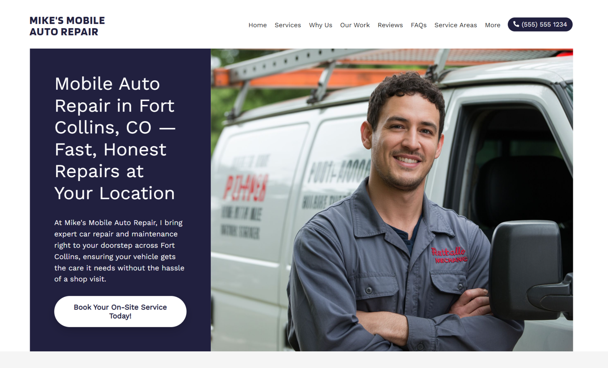 Mike’s Mobile Auto Repair homepage hero featuring a smiling mechanic standing in front of a service van beside the headline “Mobile Auto Repair in Fort Collins, CO — Fast, Honest Repairs at Your Location” and a “Book Your On-Site Service Today” button
