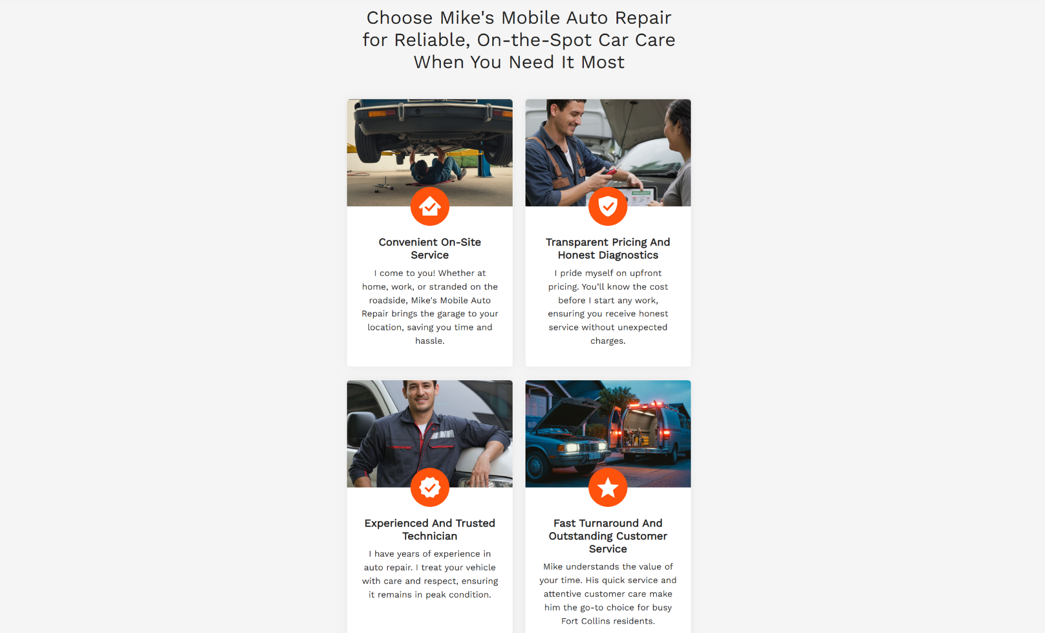 Service benefits section titled “Choose Mike’s Mobile Auto Repair for Reliable, On-the-Spot Car Care When You Need It Most,” featuring four cards highlighting on-site service, transparent pricing, experienced technicians, and fast turnaround