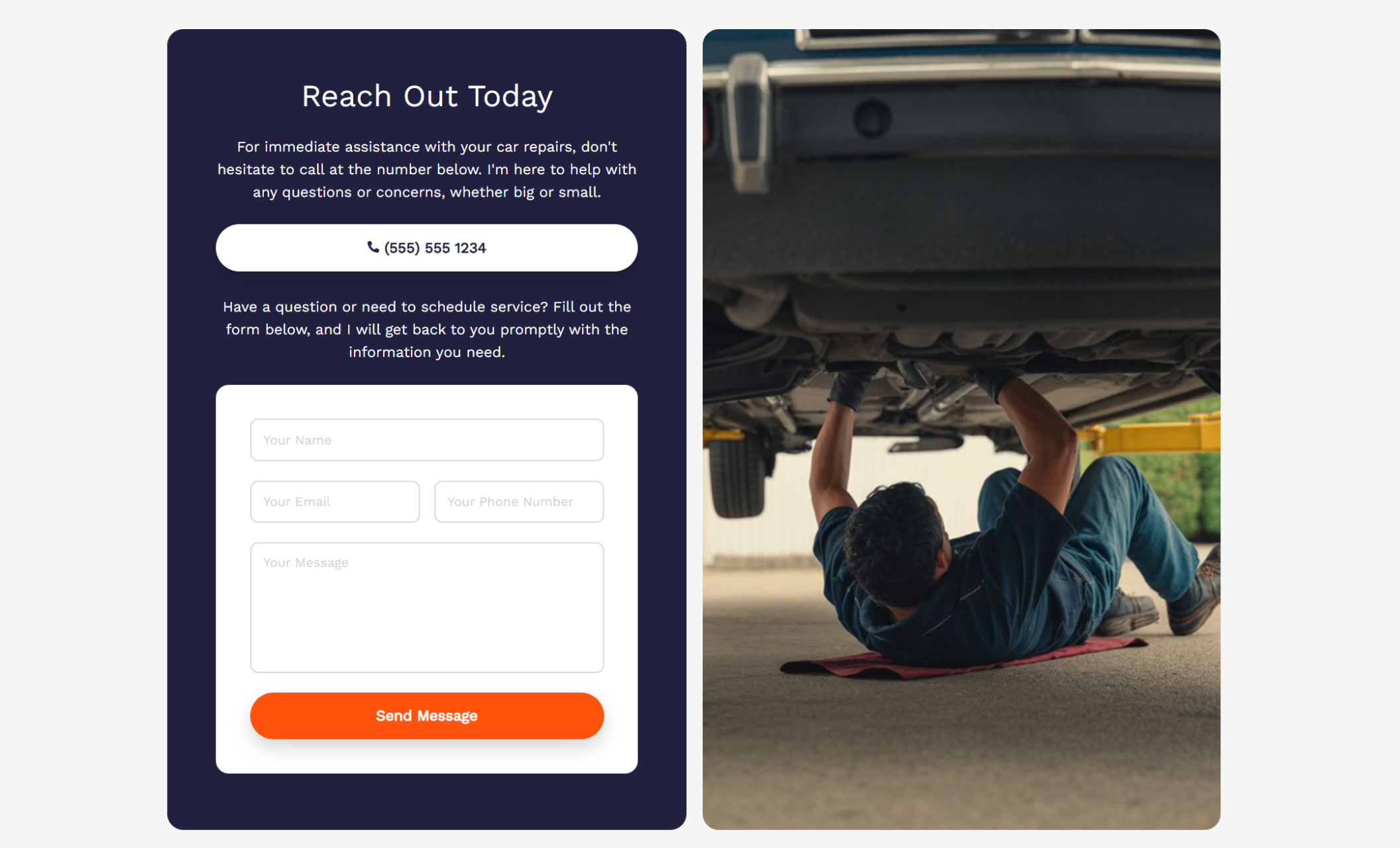Contact section for Mike’s Mobile Auto Repair with a dark blue panel titled “Reach Out Today,” a phone number button, a contact form, and a photo of a mechanic working underneath a raised vehicle