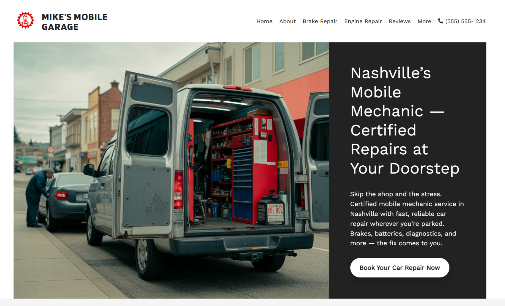 Mike’s Mobile Garage homepage featuring an open work van stocked with tools and supplies parked on a small-town street, with a mechanic assisting a nearby car, beside the headline “Nashville’s Mobile Mechanic — Certified Repairs at Your Doorstep” and a white booking button