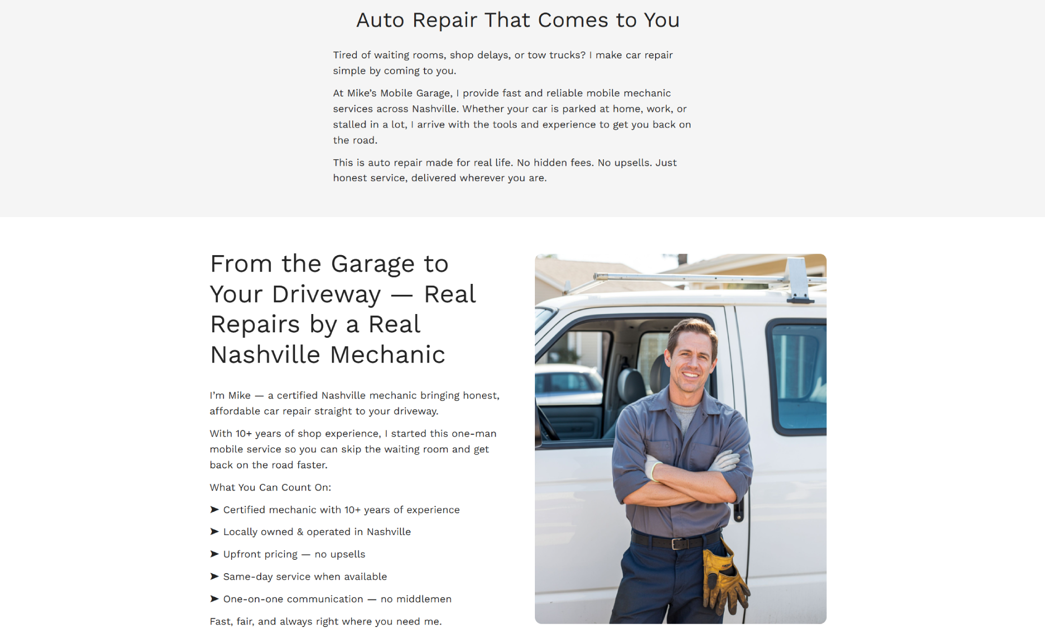 Mike’s Mobile Garage about section introducing owner Mike, a smiling mechanic in a gray work shirt and gloves standing with arms crossed in front of a white service van, alongside text describing his experience and services