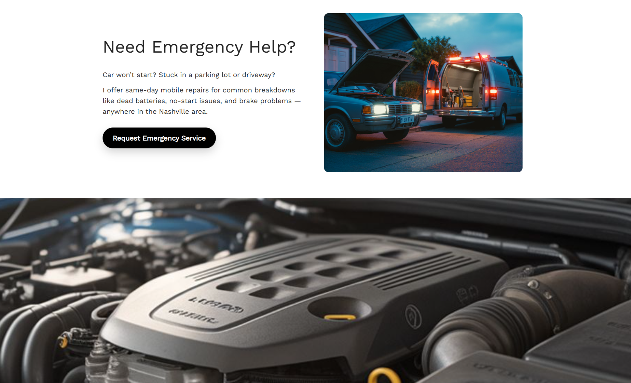 Emergency services section showing a vintage sedan with its hood open and a repair van parked behind it at dusk beside the headline “Need Emergency Help?” and a black “Request Emergency Service” button