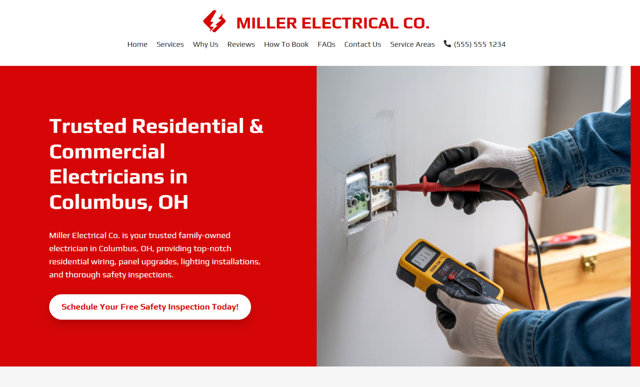 Miller Electrical Co. homepage hero with a bright red panel reading “Trusted Residential & Commercial Electricians in Columbus, OH,” beside an image of a technician testing an outlet with a multimeter and a white “Schedule Your Free Safety Inspection Today!” button