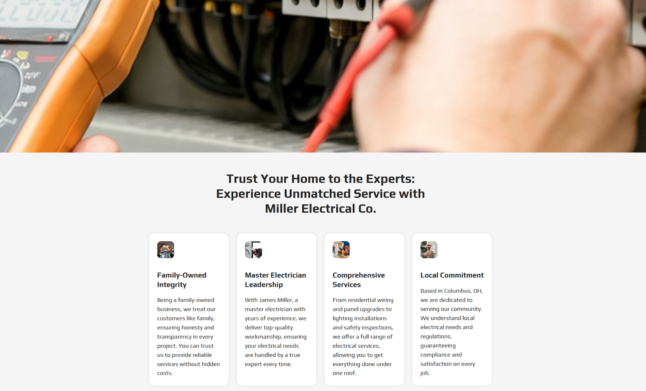 Miller Electrical Co. trust section titled “Trust Your Home to the Experts: Experience Unmatched Service with Miller Electrical Co.” displaying four feature cards highlighting family-owned integrity, master electrician leadership, comprehensive services, and local commitment