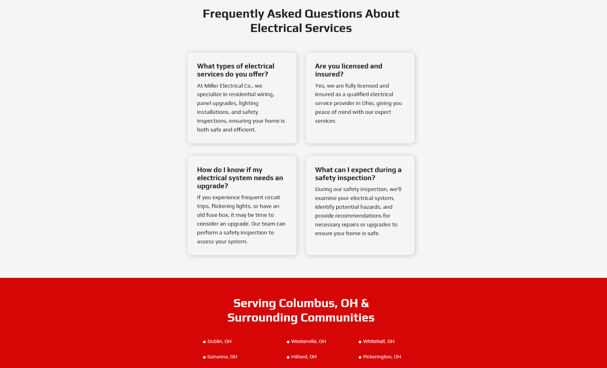 Miller Electrical Co. FAQ section featuring the headline “Frequently Asked Questions About Electrical Services,” four informational cards addressing licensing, upgrades, inspections, and services, above a bold red banner reading “Serving Columbus, OH & Surrounding Communities.”
