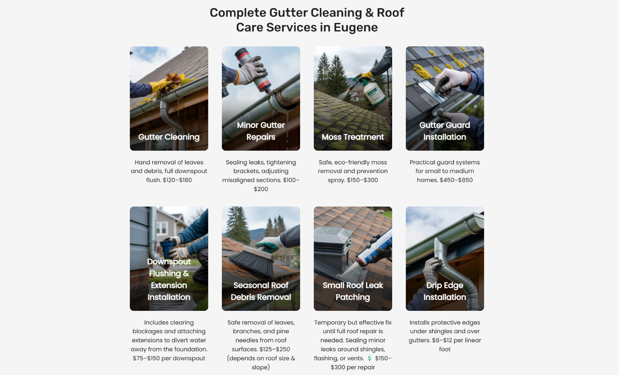 Miller’s Gutter Care services section displaying a grid of service cards with images of gutter cleaning, minor repairs, moss treatment, and guard installation, each with descriptions and pricing