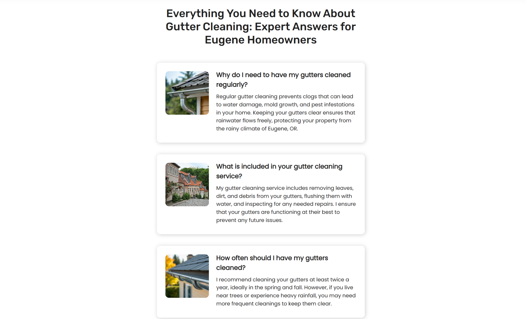 Miller’s Gutter Care FAQ section featuring rounded cards with small gutter photos and questions like “Why do I need to have my gutters cleaned regularly?” followed by clear, homeowner-focused answers