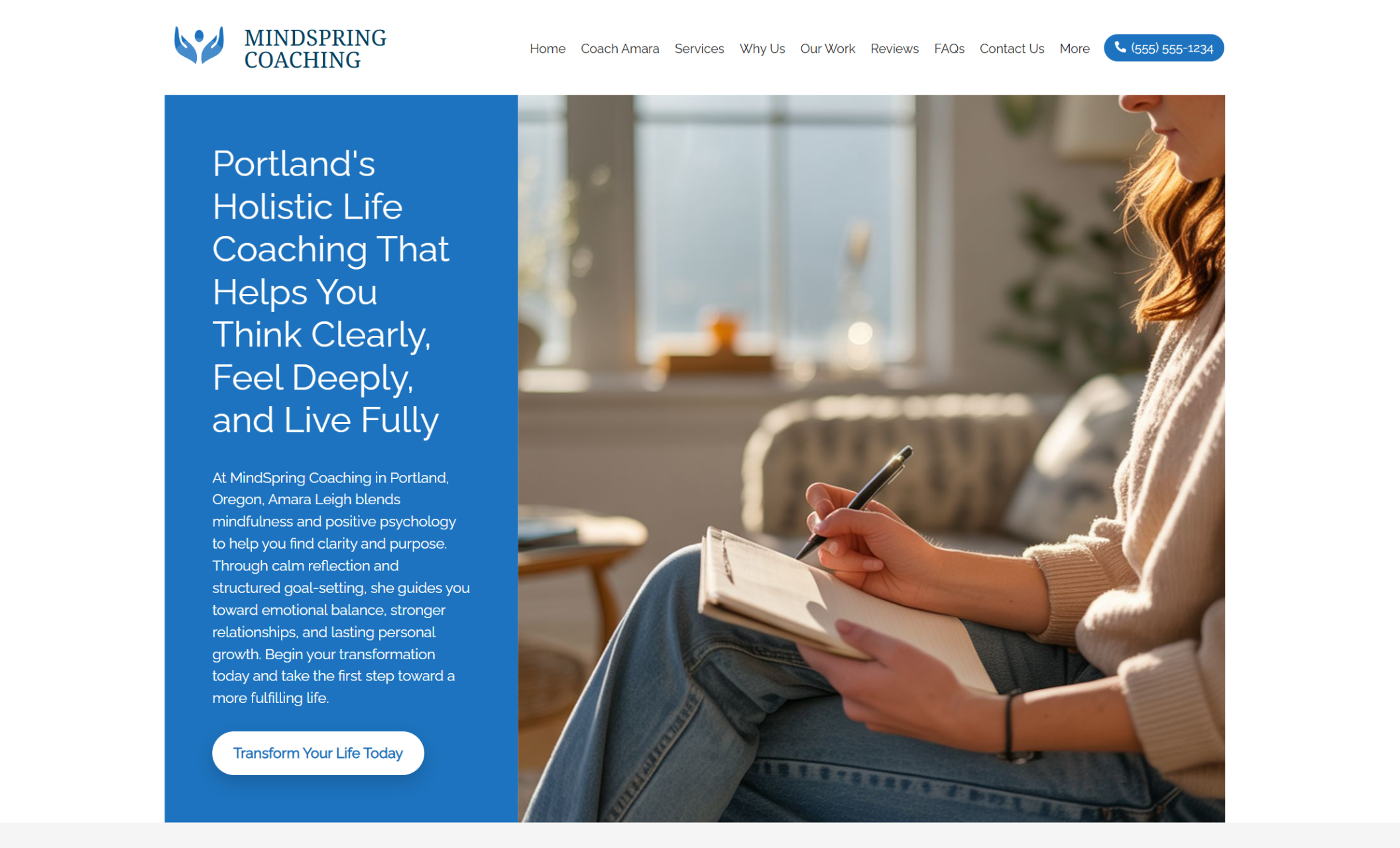MindSpring Coaching homepage showing a woman journaling in a sunlit living room beside the headline “Portland’s Holistic Life Coaching That Helps You Think Clearly, Feel Deeply, and Live Fully.”