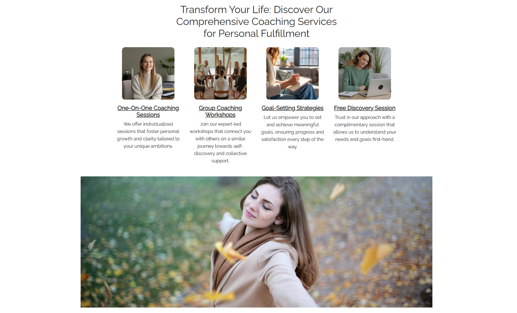 MindSpring Coaching gallery featuring a grid of serene lifestyle images including mindfulness sessions, tea meetings, journaling, group workshops, and one-on-one coaching conversations