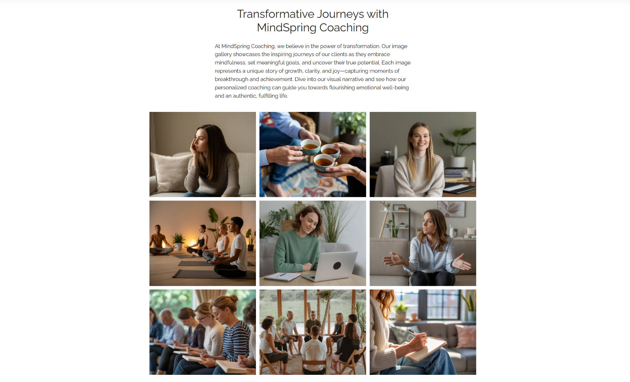 MindSpring Coaching services section displaying four coaching options — One-on-One Sessions, Group Workshops, Goal-Setting Strategies, and Free Discovery Session — above a peaceful image of a woman smiling with closed eyes in an autumn park