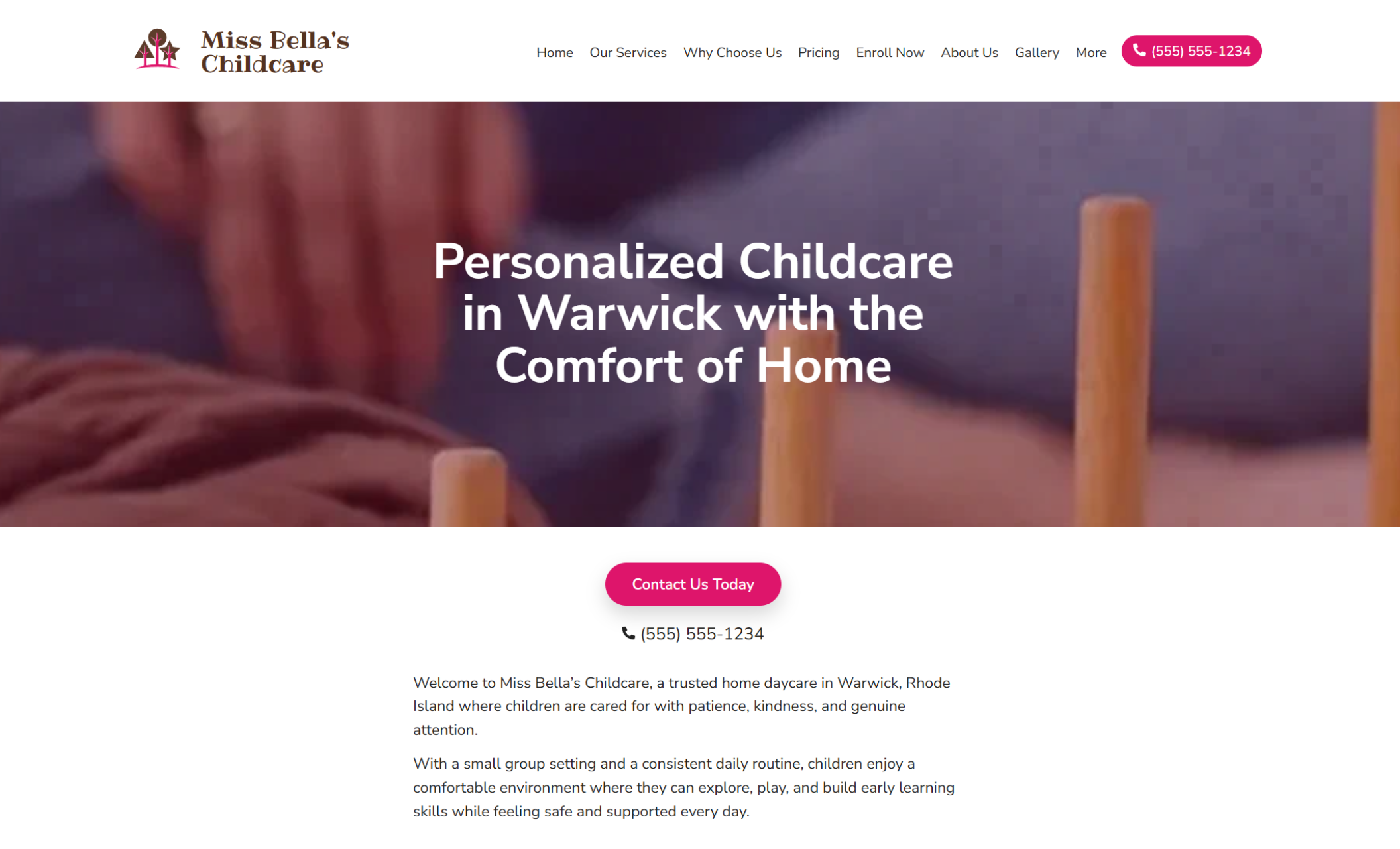 Miss Bella’s Childcare homepage hero showing wooden learning toys beside the headline “Personalized Childcare in Warwick with the Comfort of Home” and a pink “Contact Us Today” button