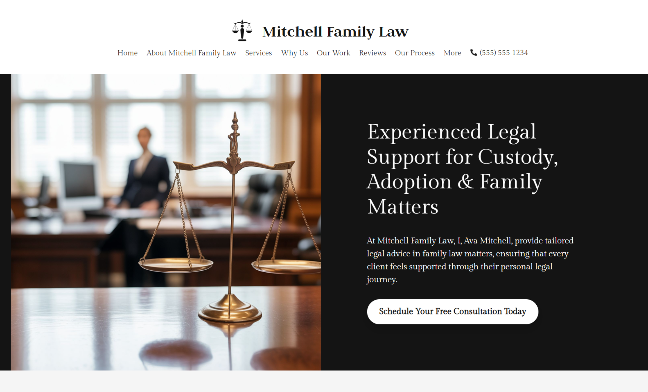 Mitchell Family Law homepage showing balanced scales in a courtroom setting beside the headline “Experienced Legal Support for Custody, Adoption & Family Matters” and a consultation button