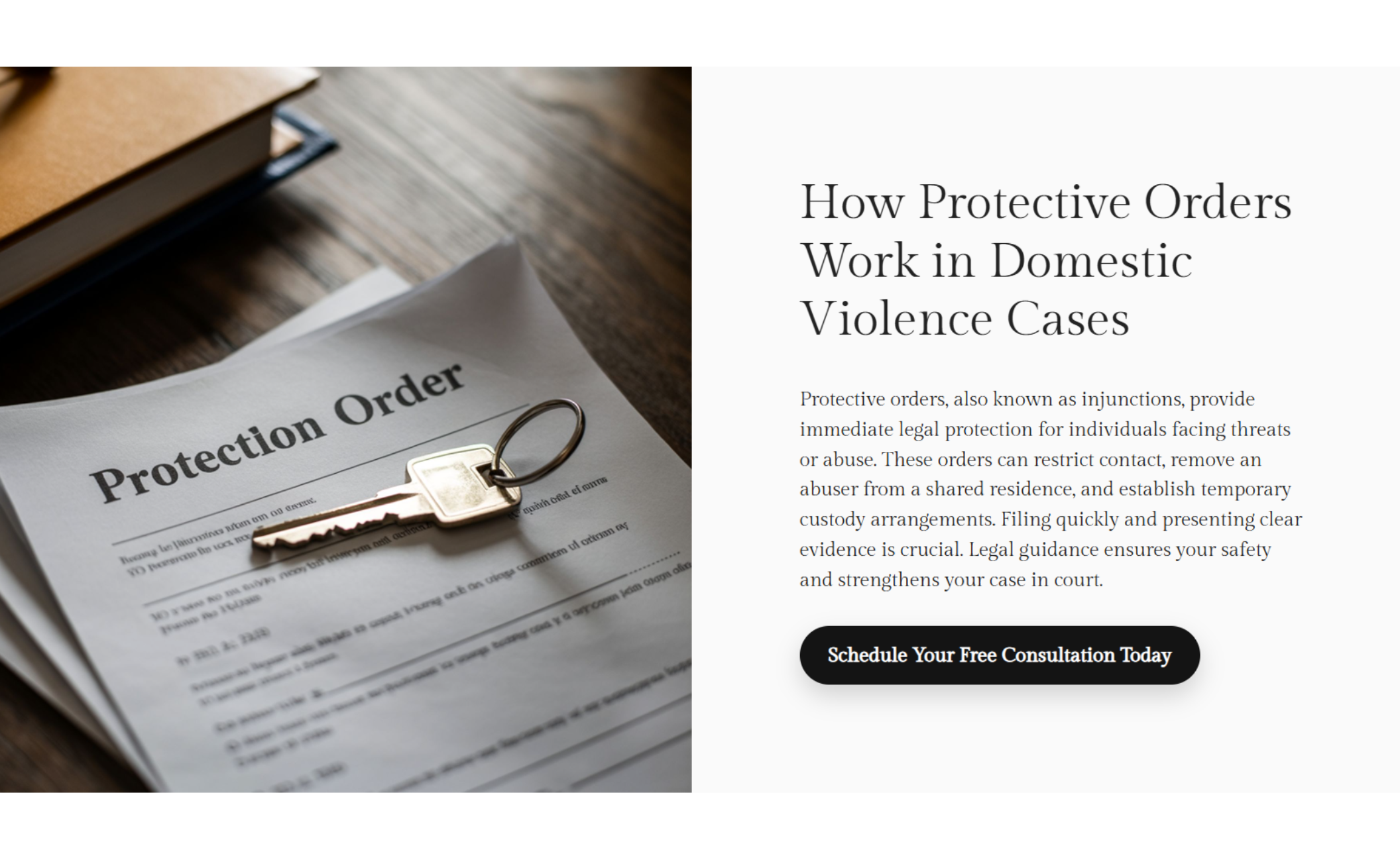 Close-up of a “Protection Order” document with a key on top, beside the headline “How Protective Orders Work in Domestic Violence Cases” and a consultation call-to-action button