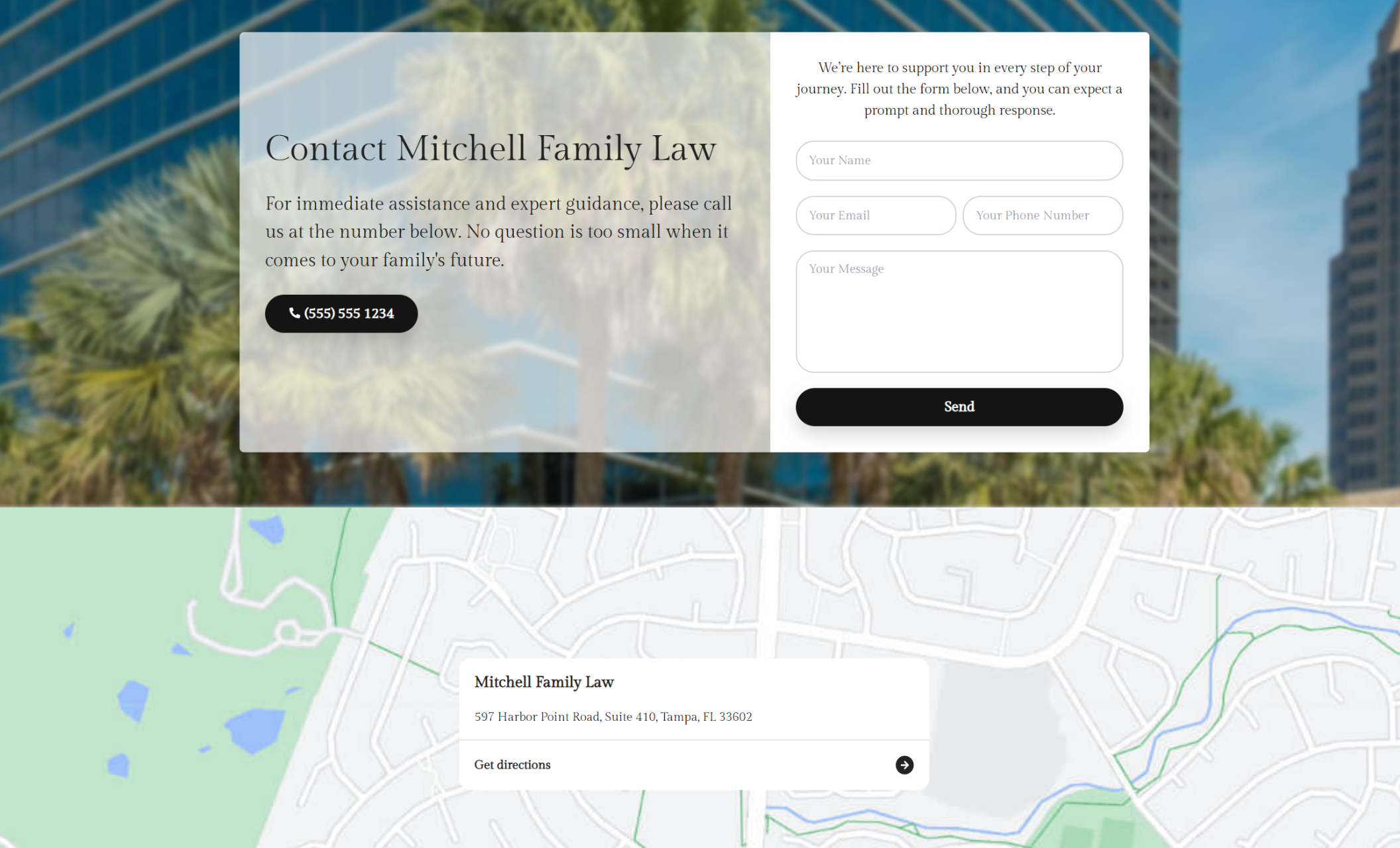 Mitchell Family Law contact section featuring a soft overlay card with phone number and message form fields, set above a Tampa map with office location and directions link