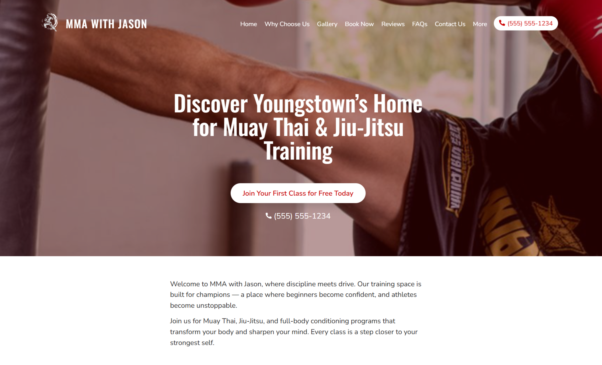 MMA with Jason homepage featuring a bold red header with the text “Discover Youngstown’s Home for Muay Thai & Jiu-Jitsu Training,” a call-to-action button inviting visitors to “Join Your First Class for Free Today,” and a background photo of a fighter punching a heavy bag