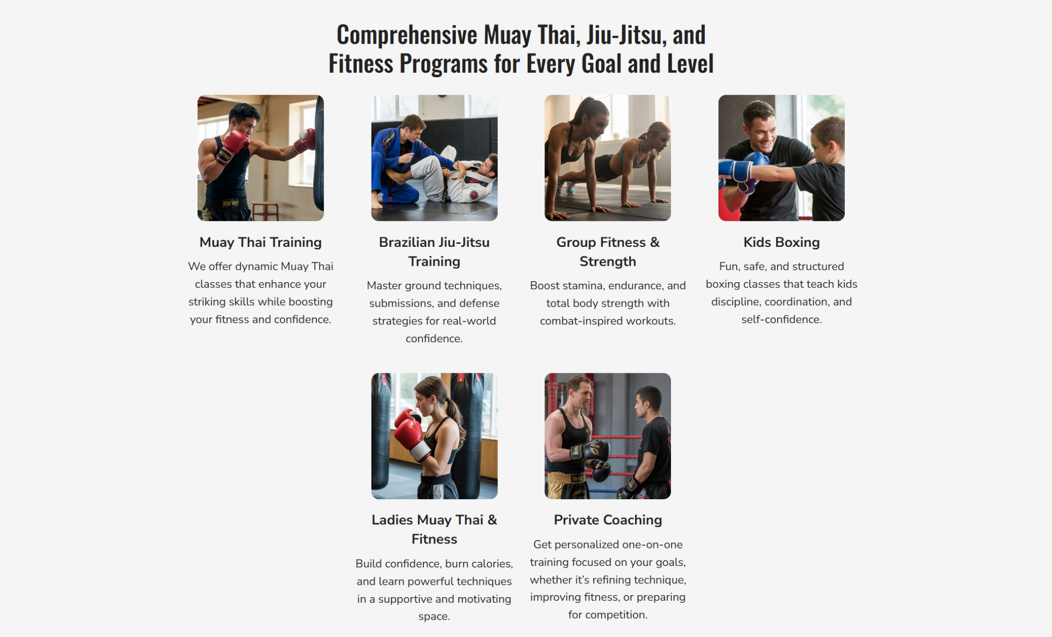 Comprehensive programs section from MMA with Jason’s website highlighting six training options — Muay Thai, Jiu-Jitsu, Group Fitness, Kids Boxing, Ladies Muay Thai, and Private Coaching — with action photos and concise class descriptions