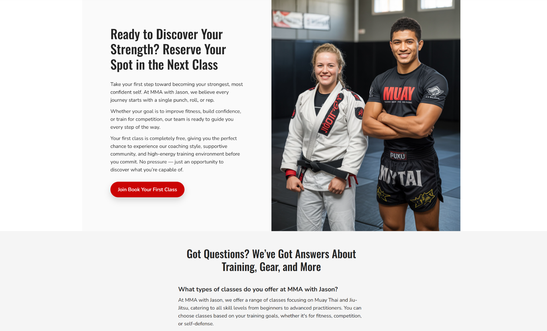Call-to-action section from MMA with Jason’s website featuring two smiling fighters in training gear beside text that reads “Ready to Discover Your Strength? Reserve Your Spot in the Next Class,” paired with a red button labeled “Join Book Your First Class.”