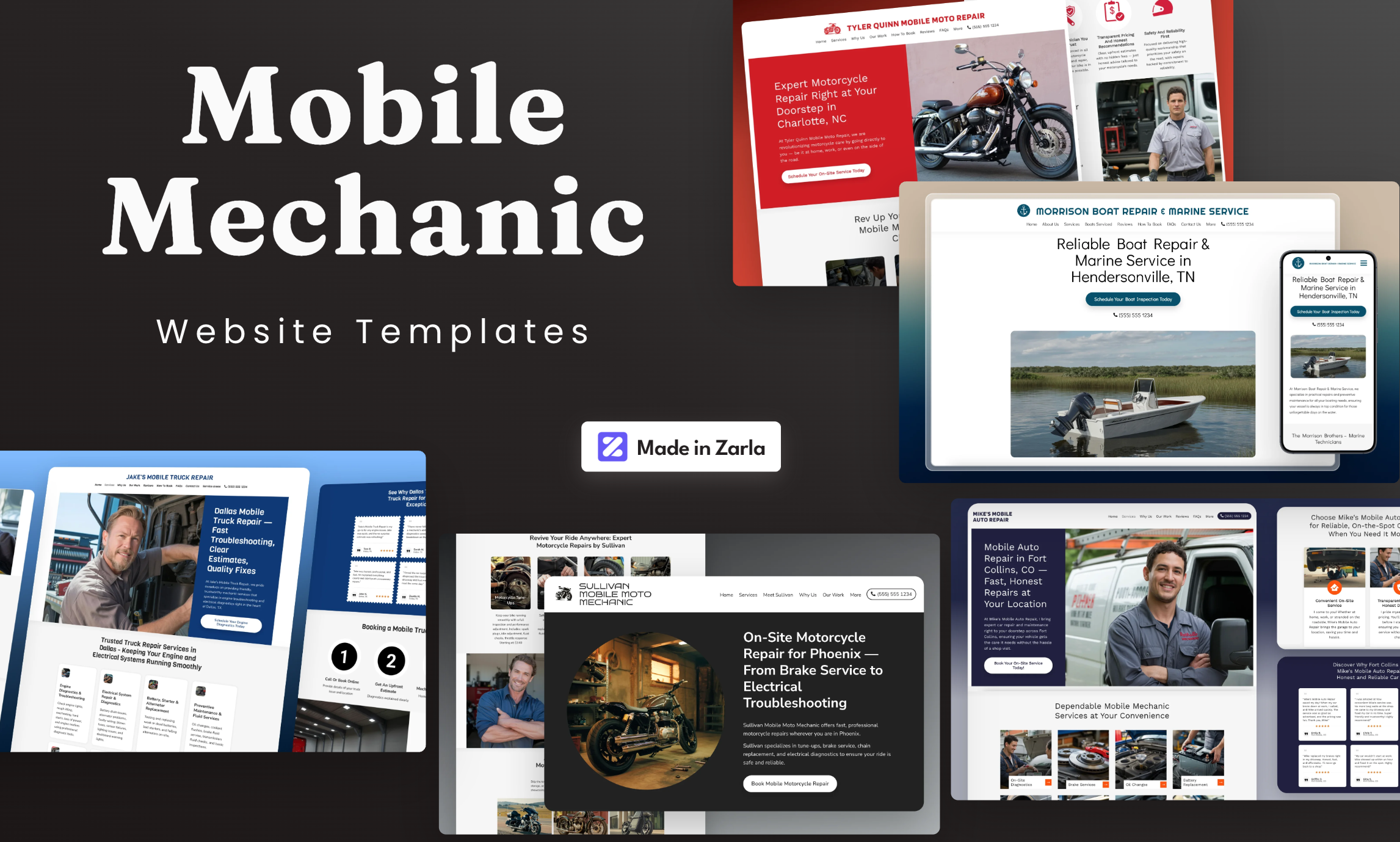 Collection of mobile mechanic website templates created with Zarla