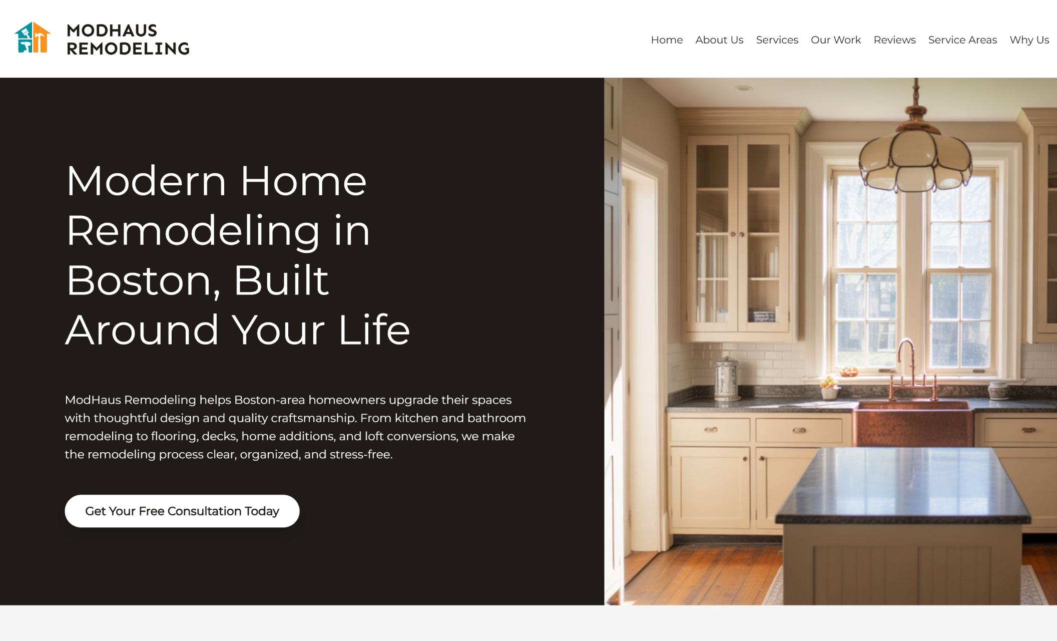 ModHaus Remodeling homepage hero featuring a warm, light-filled kitchen with glass cabinets and a central island next to the headline “Modern Home Remodeling in Boston, Built Around Your Life” and a consultation call-to-action button