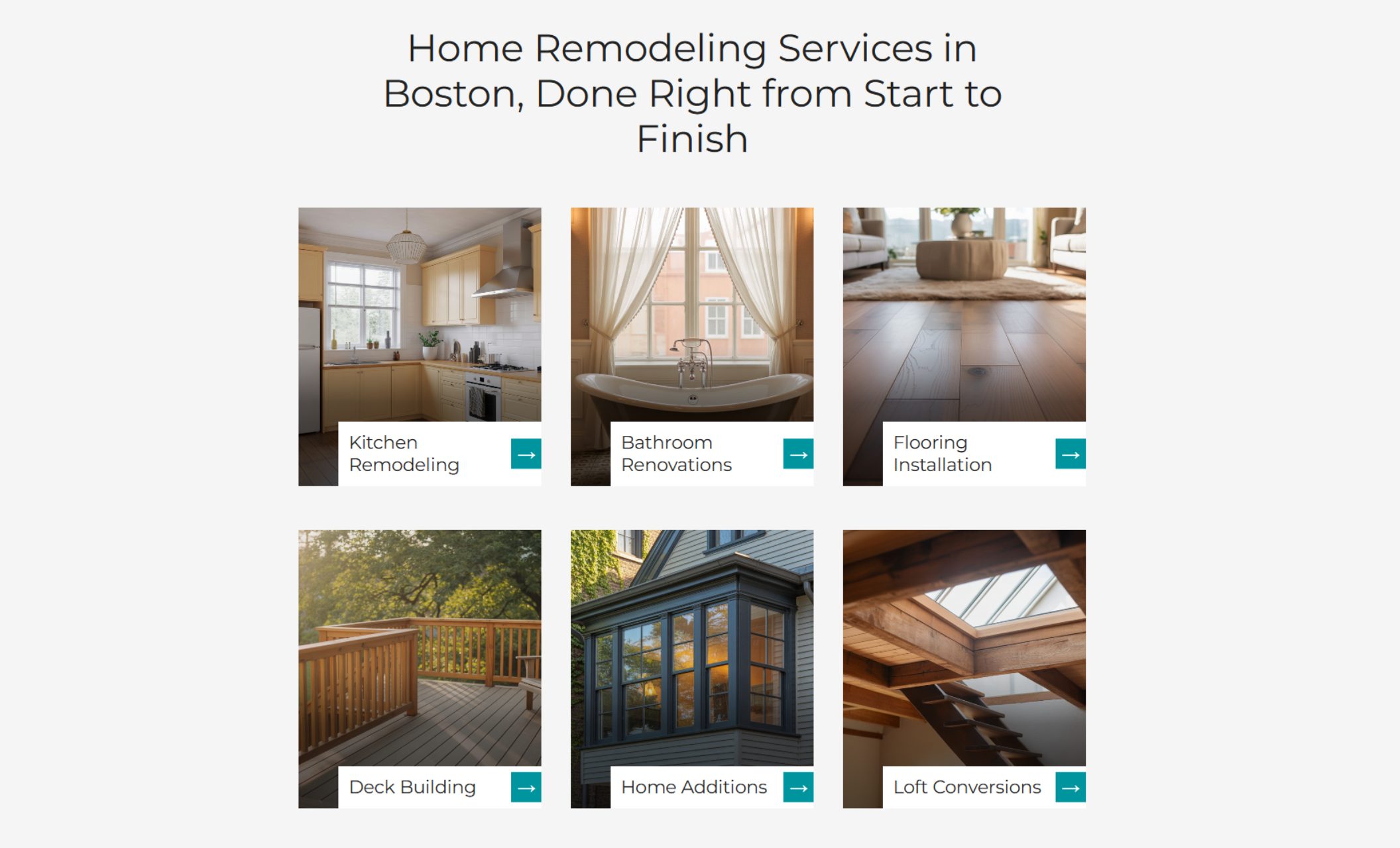 ModHaus Remodeling services section titled “Home Remodeling Services in Boston, Done Right from Start to Finish,” showing clickable cards for kitchen remodeling, bathroom renovations, flooring installation, deck building, home additions, and loft conversions