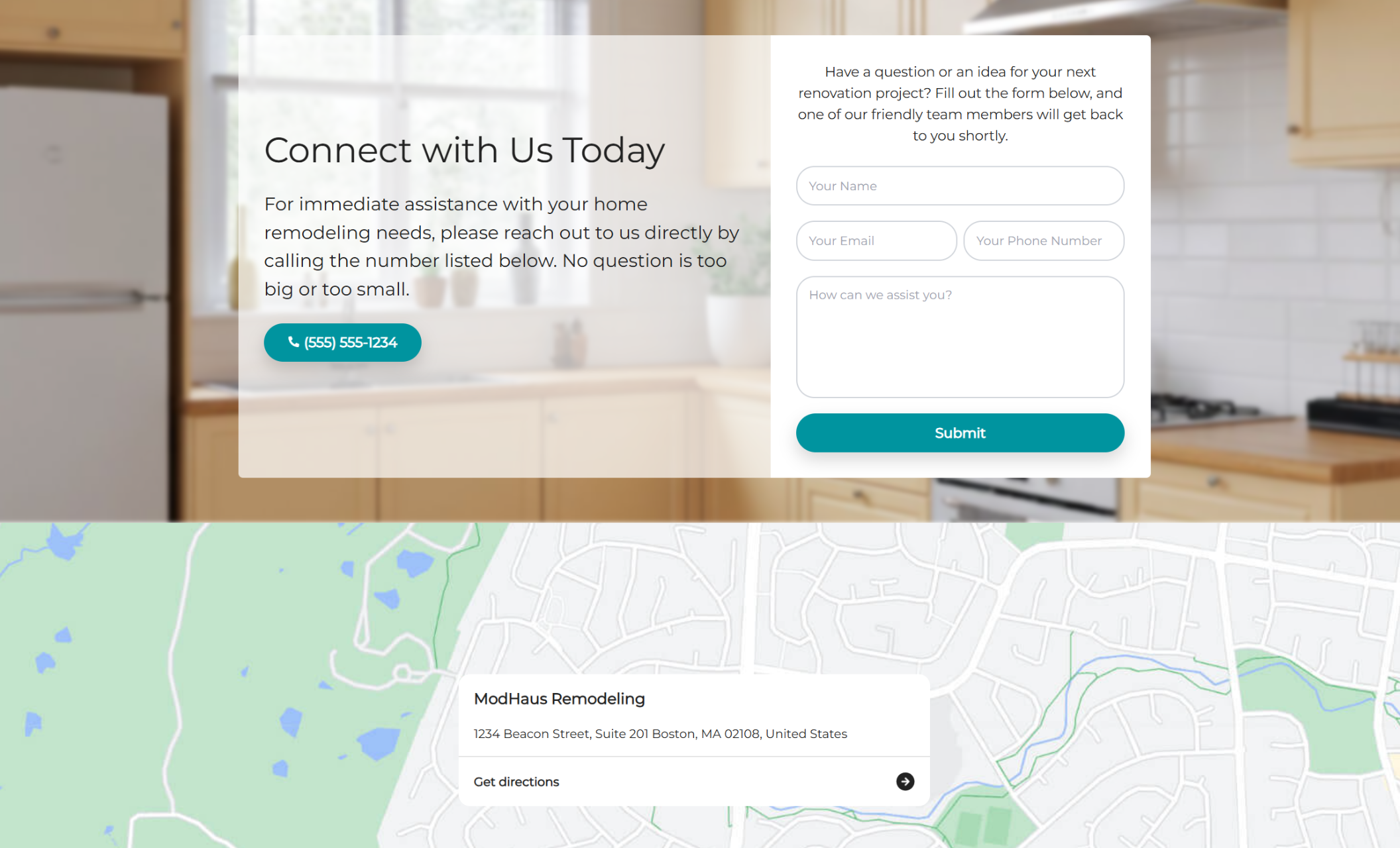 ModHaus Remodeling contact section displaying a semi-transparent overlay with the heading “Connect with Us Today,” a contact form, phone button, and kitchen background image