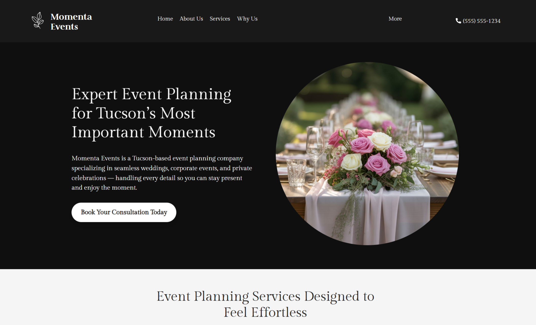 Momenta Events homepage hero displaying the headline “Expert Event Planning for Tucson’s Most Important Moments,” a white “Book Your Consultation Today” button, and a large circular photo of a floral centerpiece with pink and cream roses on an outdoor reception table under a dark, elegant navigation bar with the phone number “(555) 555-1234.”