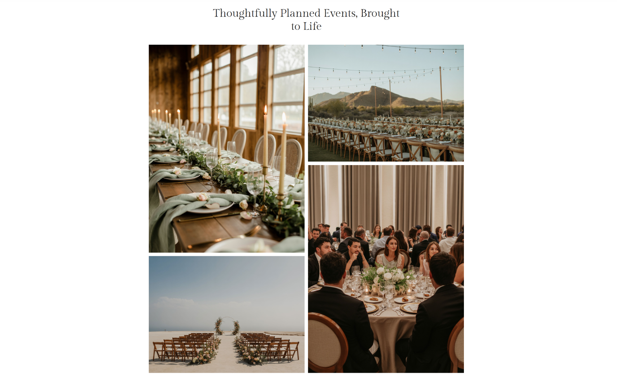 Momenta Events gallery section titled “Thoughtfully Planned Events, Brought to Life,” displaying a four-photo collage including a candlelit reception table, a long outdoor dinner setup with mountains in the background, a beach ceremony aisle with wooden chairs, and a formal banquet with guests seated around floral centerpieces