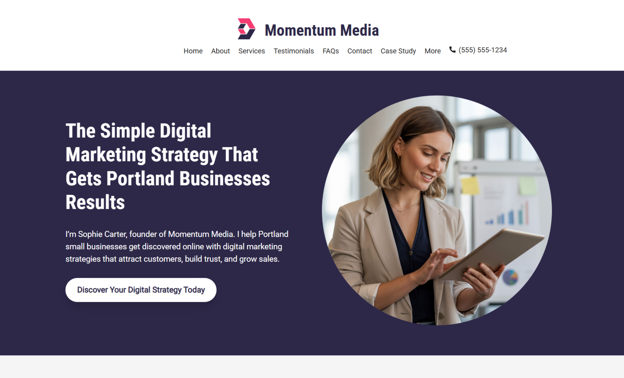 Momentum Media homepage featuring Sophie Carter holding a tablet in front of a bright office setting, alongside the bold headline 'The Simple Digital Marketing Strategy That Gets Portland Businesses Results' and a white call-to-action button