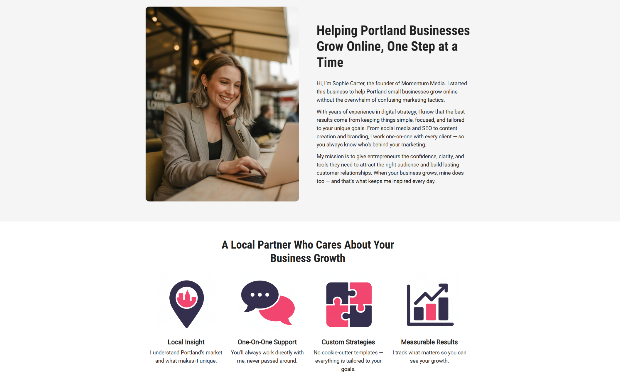Momentum Media about section showing founder Sophie Carter smiling while working on a laptop at a café, beside the headline 'Helping Portland Businesses Grow Online, One Step at a Time' and her personal mission statement