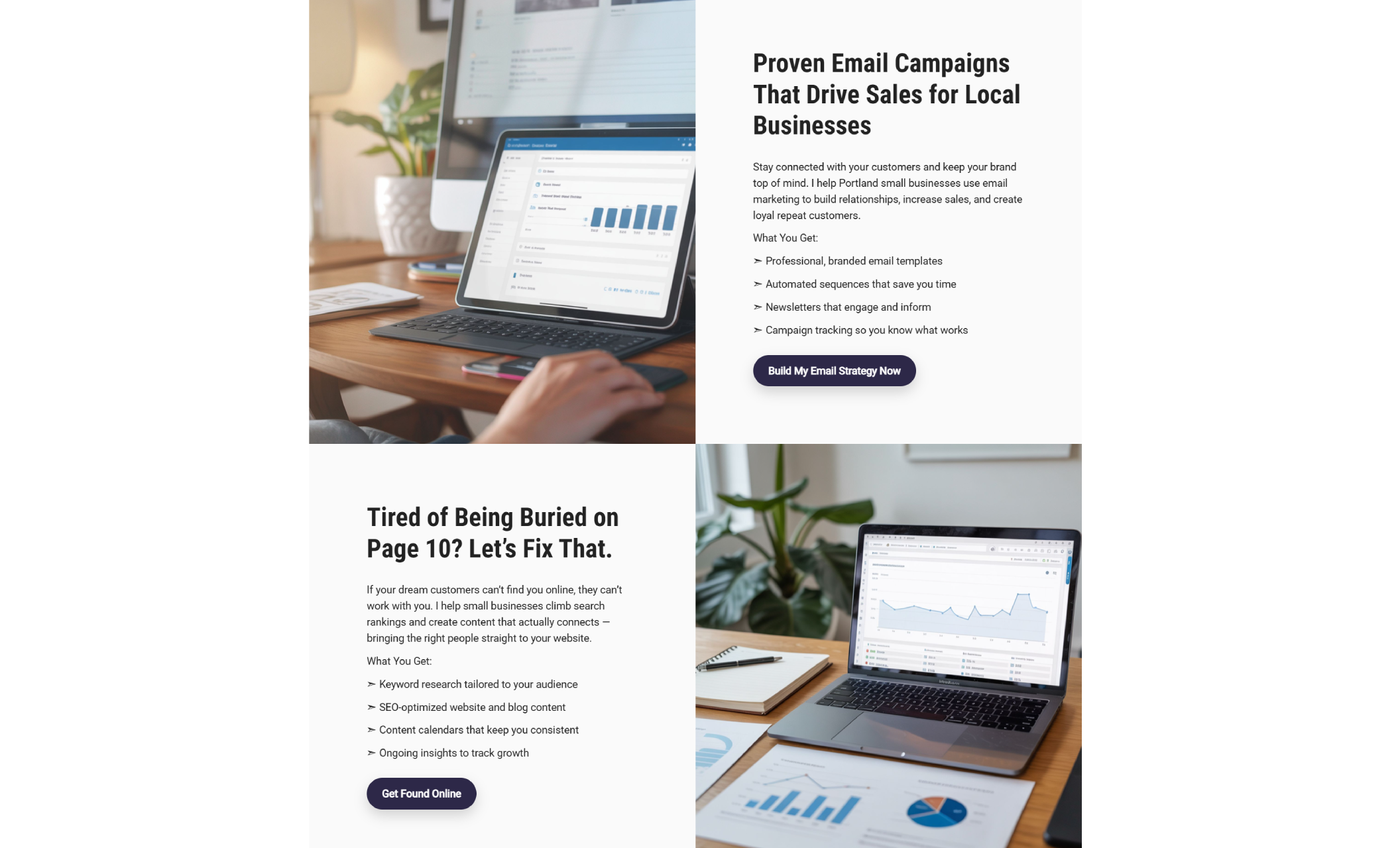 Momentum Media services section featuring two laptop screens displaying marketing analytics, with bold headlines promoting 'Proven Email Campaigns That Drive Sales for Local Businesses' and 'Tired of Being Buried on Page 10? Let’s Fix That.'