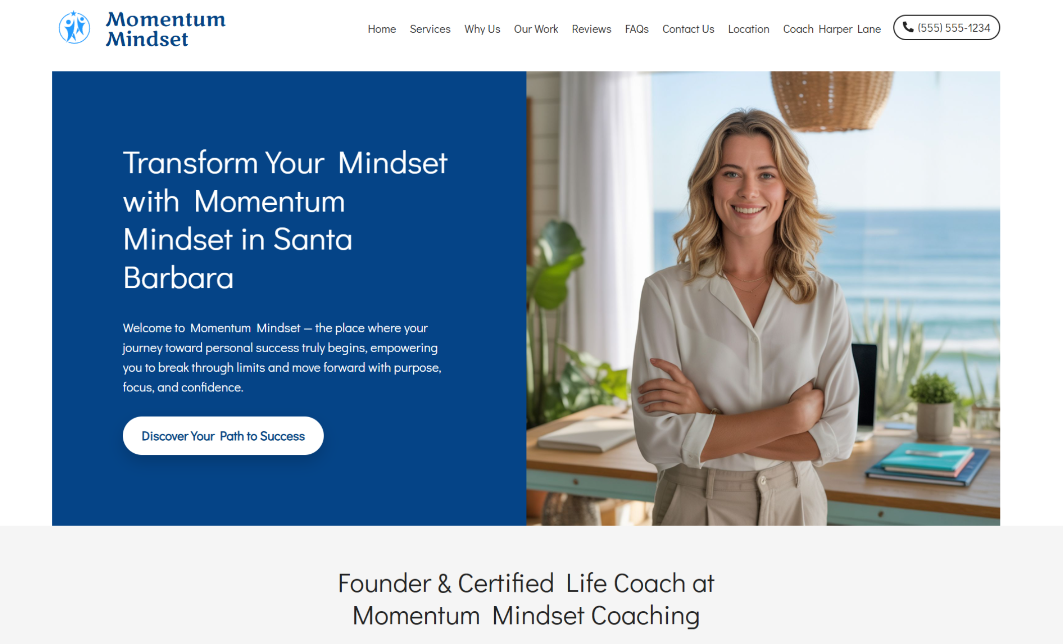 Momentum Mindset homepage featuring a confident woman smiling in a bright office with ocean views beside the headline “Transform Your Mindset with Momentum Mindset in Santa Barbara.”