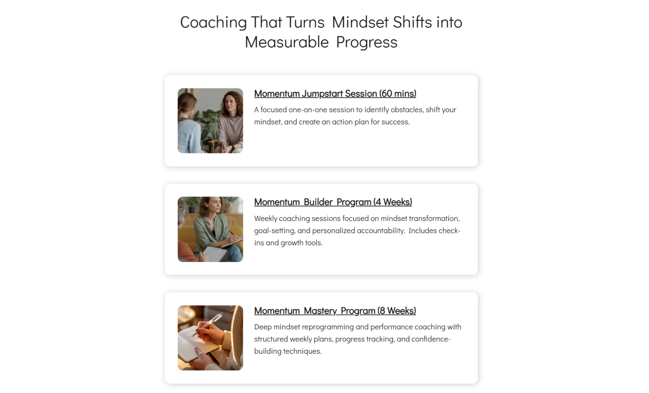 Momentum Mindset services section showcasing three coaching programs — Jumpstart, Builder, and Mastery — each with images of coaching sessions, goal-setting, and note-taking in warm, modern settings