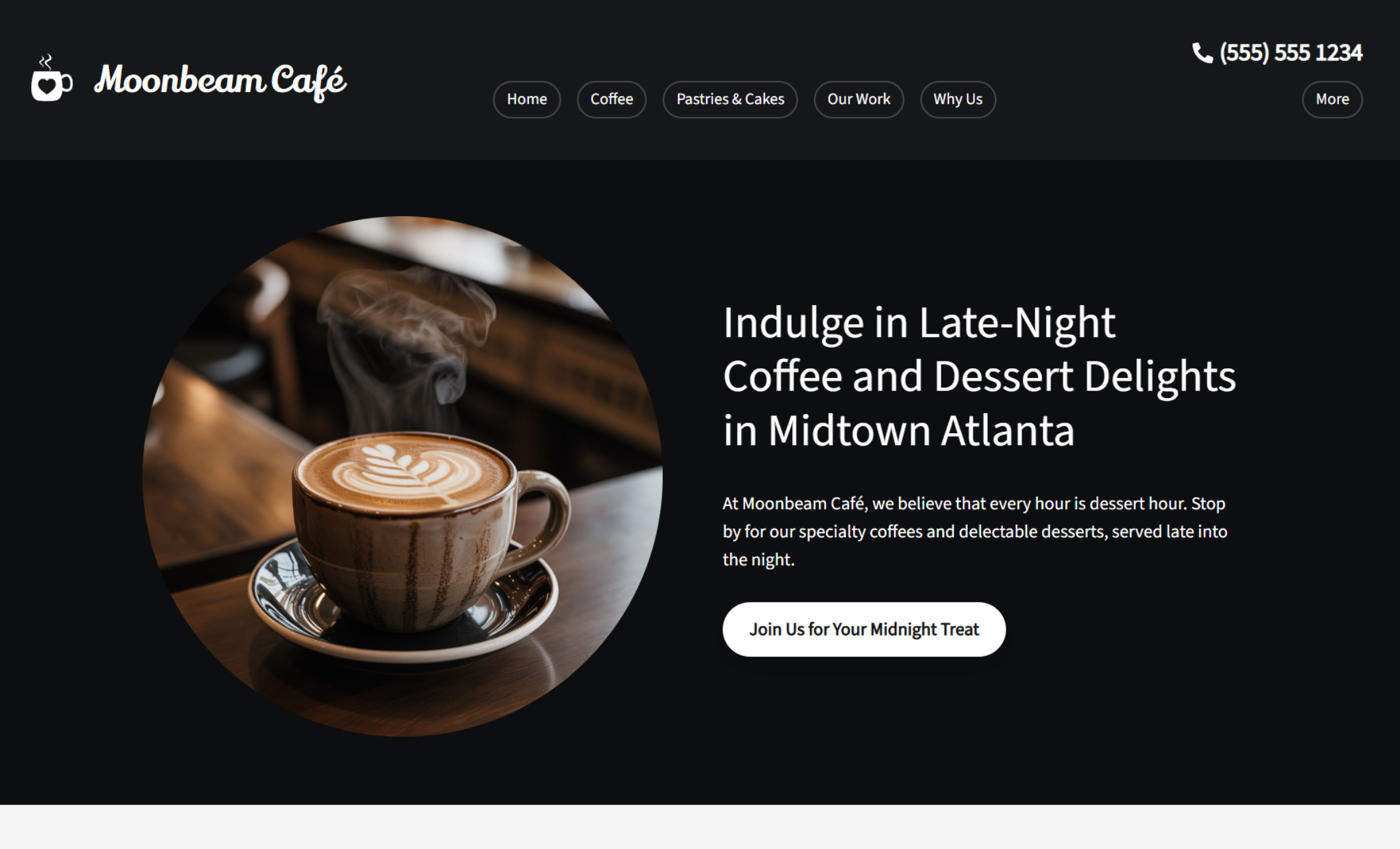 Moonbeam Café homepage hero displaying a steaming latte in a circular image beside the headline “Indulge in Late-Night Coffee and Dessert Delights in Midtown Atlanta” and a call-to-action button reading “Join Us for Your Midnight Treat.”