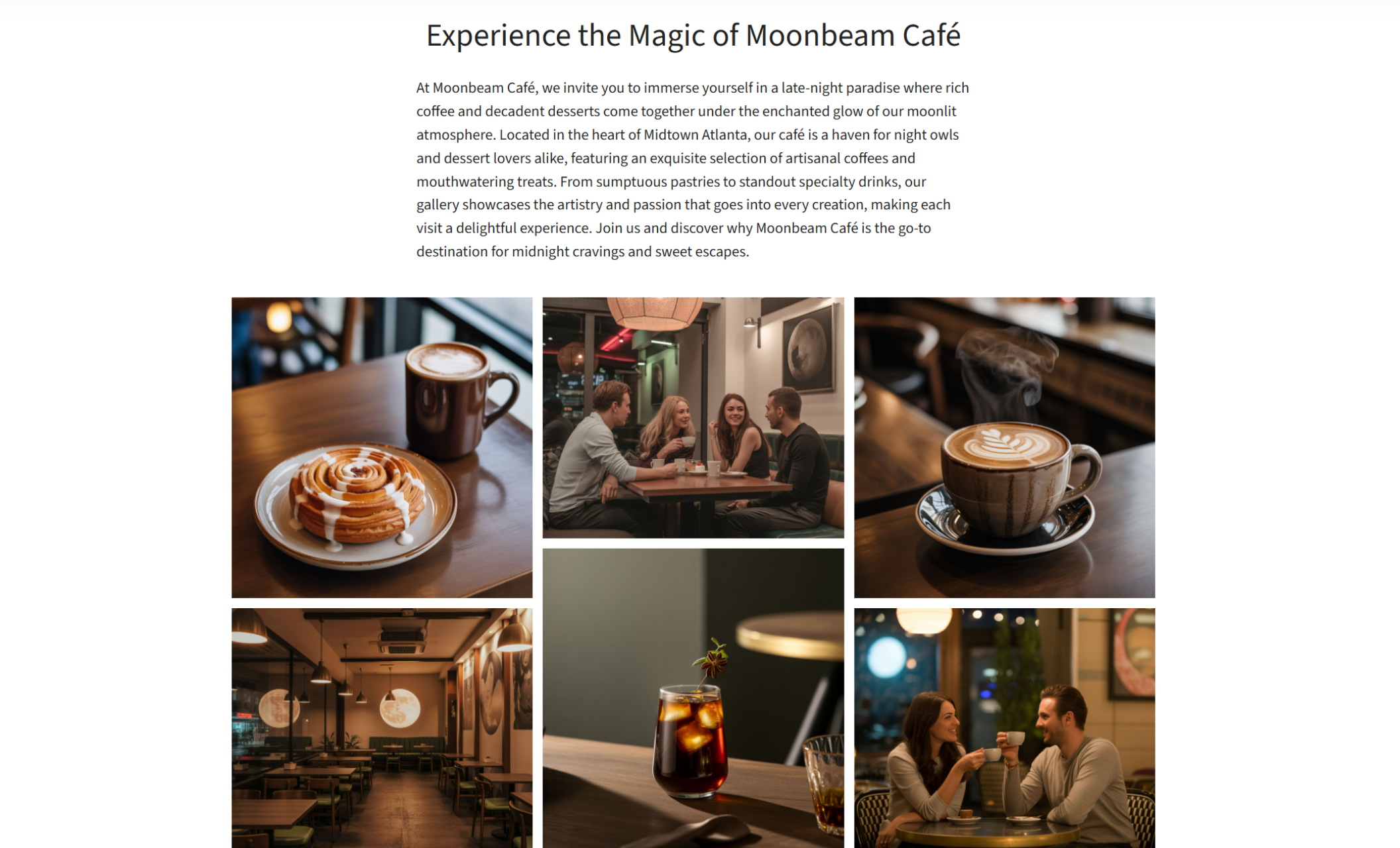 Moonbeam Café gallery showcasing specialty coffee drinks, plated desserts, cozy interior seating, and customers enjoying conversation under warm, moody lighting