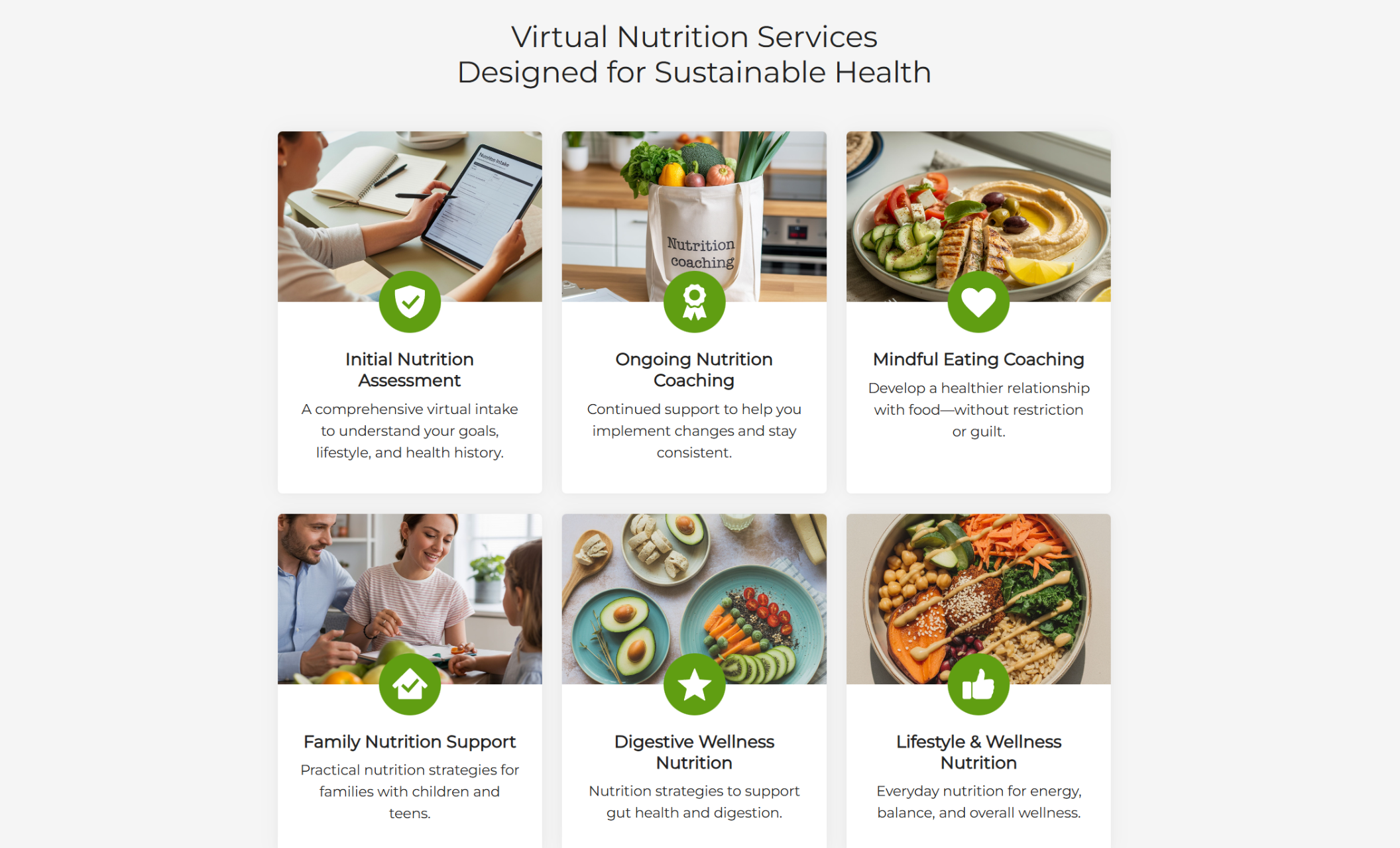 Morgan Lee Wellness Nutrition services section titled “Virtual Nutrition Services Designed for Sustainable Health,” showing six service cards with food and lifestyle photos labeled Initial Nutrition Assessment, Ongoing Nutrition Coaching, Mindful Eating Coaching, Family Nutrition Support, Digestive Wellness Nutrition, and Lifestyle & Wellness Nutrition