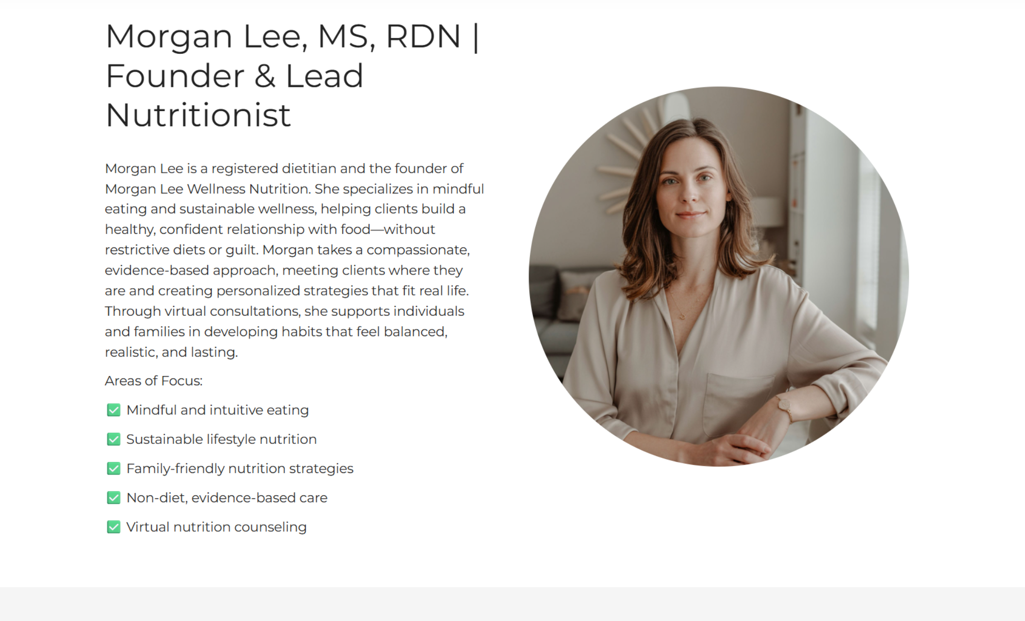 Morgan Lee Wellness Nutrition “Meet the Team” section featuring the heading “Morgan Lee, MS, RDN | Founder & Lead Nutritionist,” a professional portrait of Morgan in a circular frame, and a checklist of focus areas including mindful eating, sustainable lifestyle nutrition, and virtual counseling