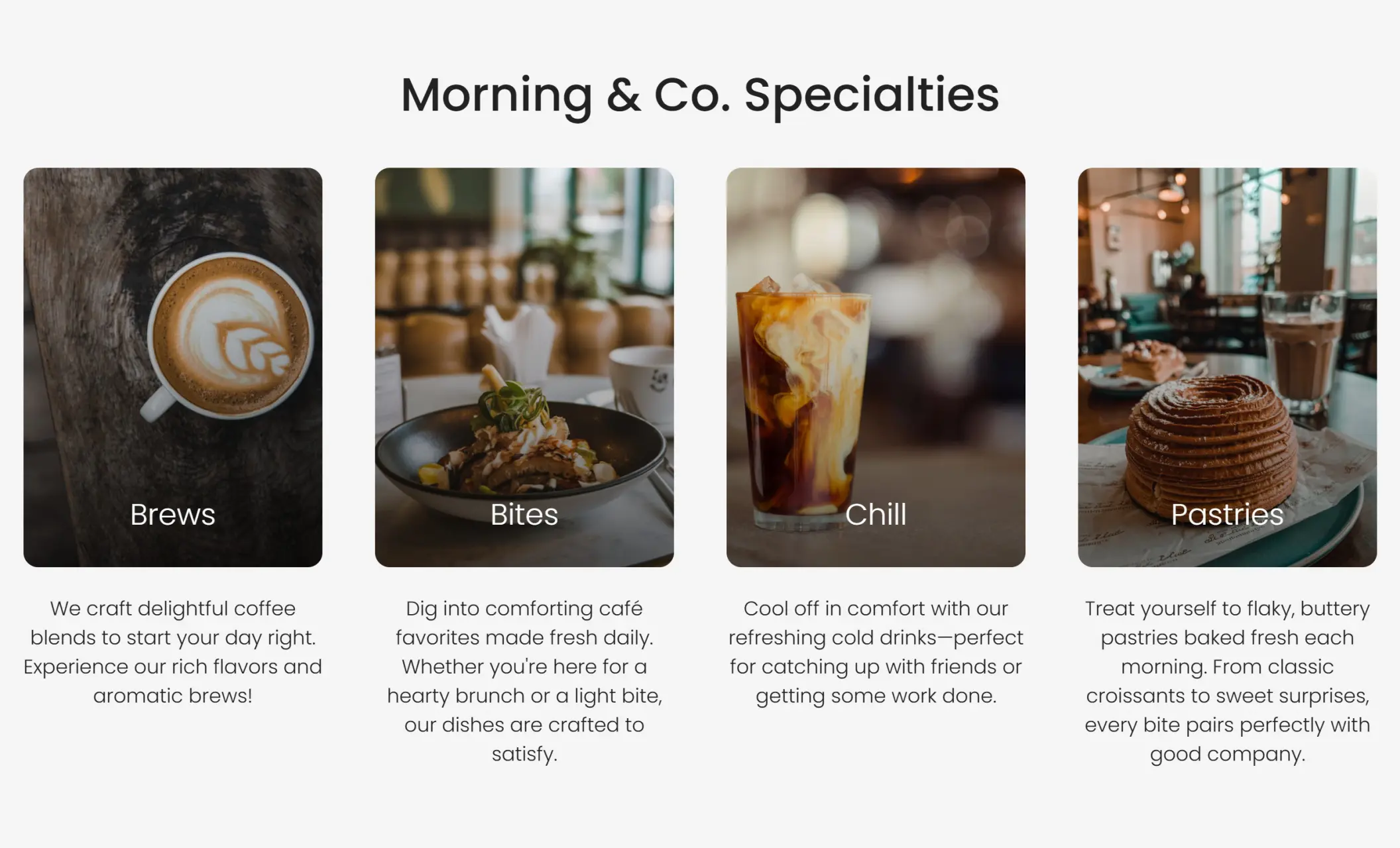 Morning & Co.'s website displaying specialties including brews, bites, chill, and pastries