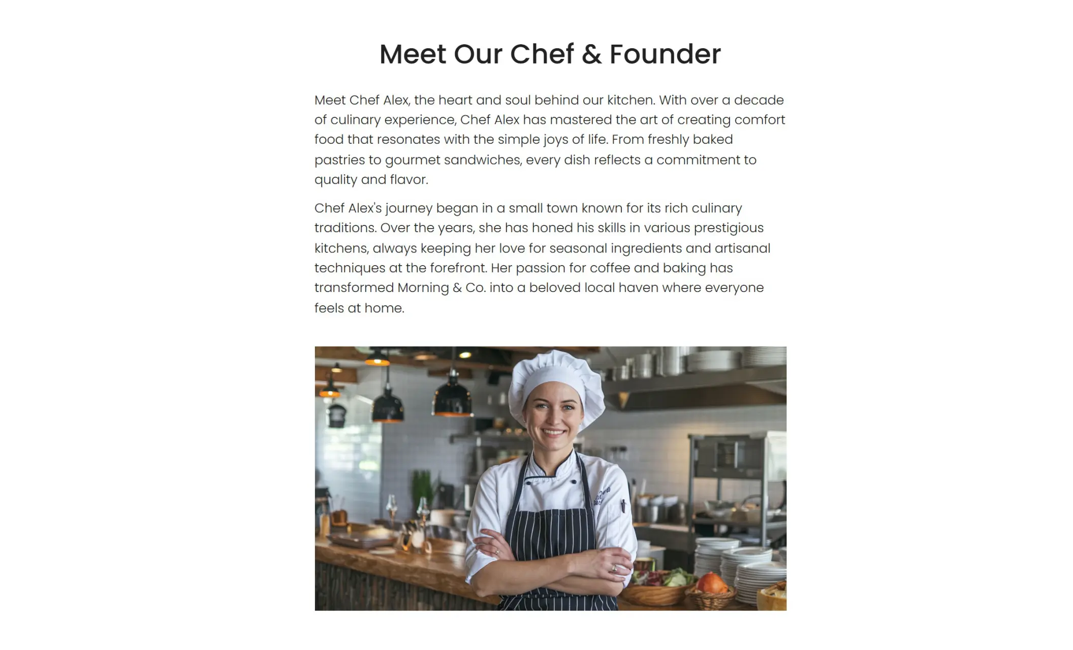Morning & Co.'s website displaying a "Meet our Chef & Founder" section