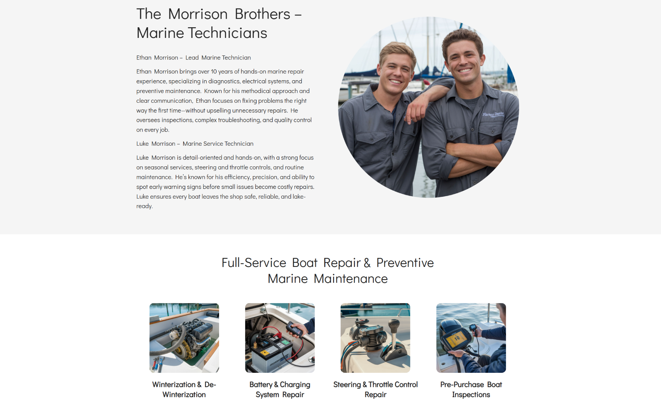 About section for Morrison Boat Repair & Marine Service featuring a circular photo of two marine technicians standing dockside beside the heading “The Morrison Brothers – Marine Technicians,” with detailed service bios on the left