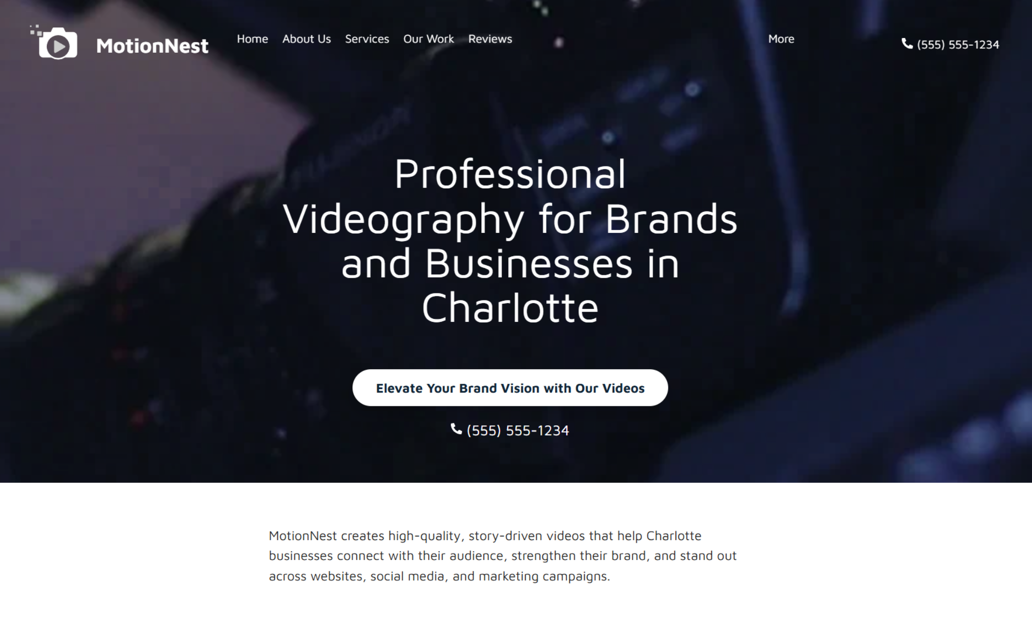 MotionNest homepage hero featuring the headline “Professional Videography for Brands and Businesses in Charlotte” over a dark camera close-up, with a white button that says “Elevate Your Brand Vision with Our Videos” and a phone number below
