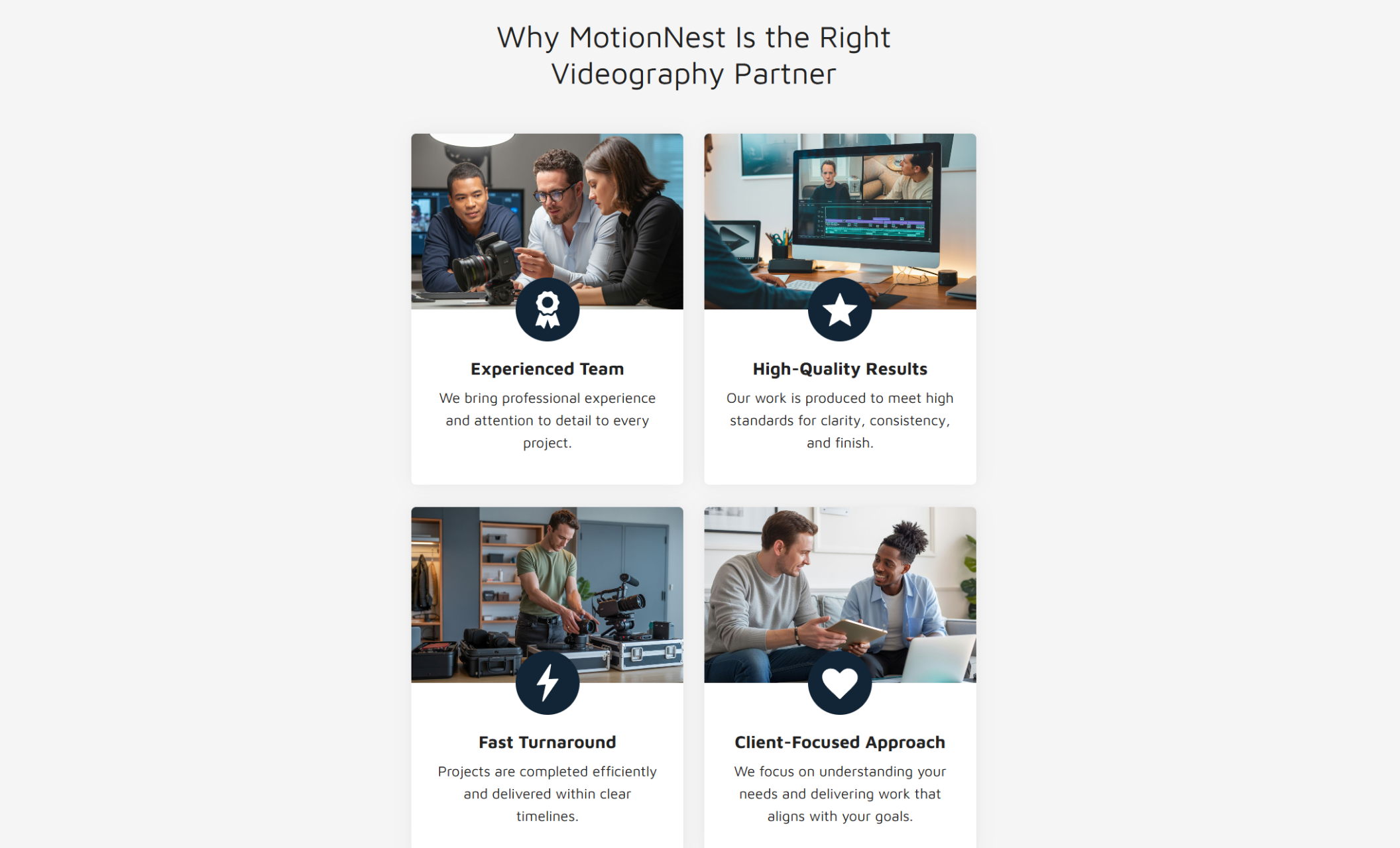 MotionNest features section showing the headline “Why MotionNest Is the Right Videography Partner” above four service cards titled “Experienced Team,” “High-Quality Results,” “Fast Turnaround,” and “Client-Focused Approach.”