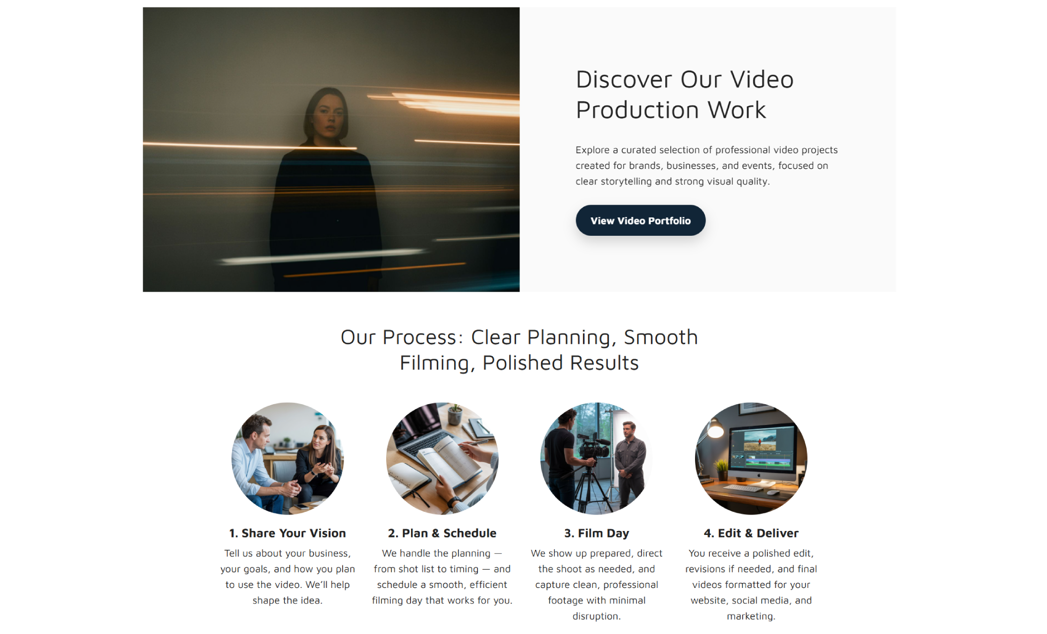 MotionNest portfolio section featuring the headline “Discover Our Video Production Work” with a dark cinematic photo on the left and a “View Video Portfolio” button above a four-step process row titled “Our Process: Clear Planning, Smooth Filming, Polished Results.”